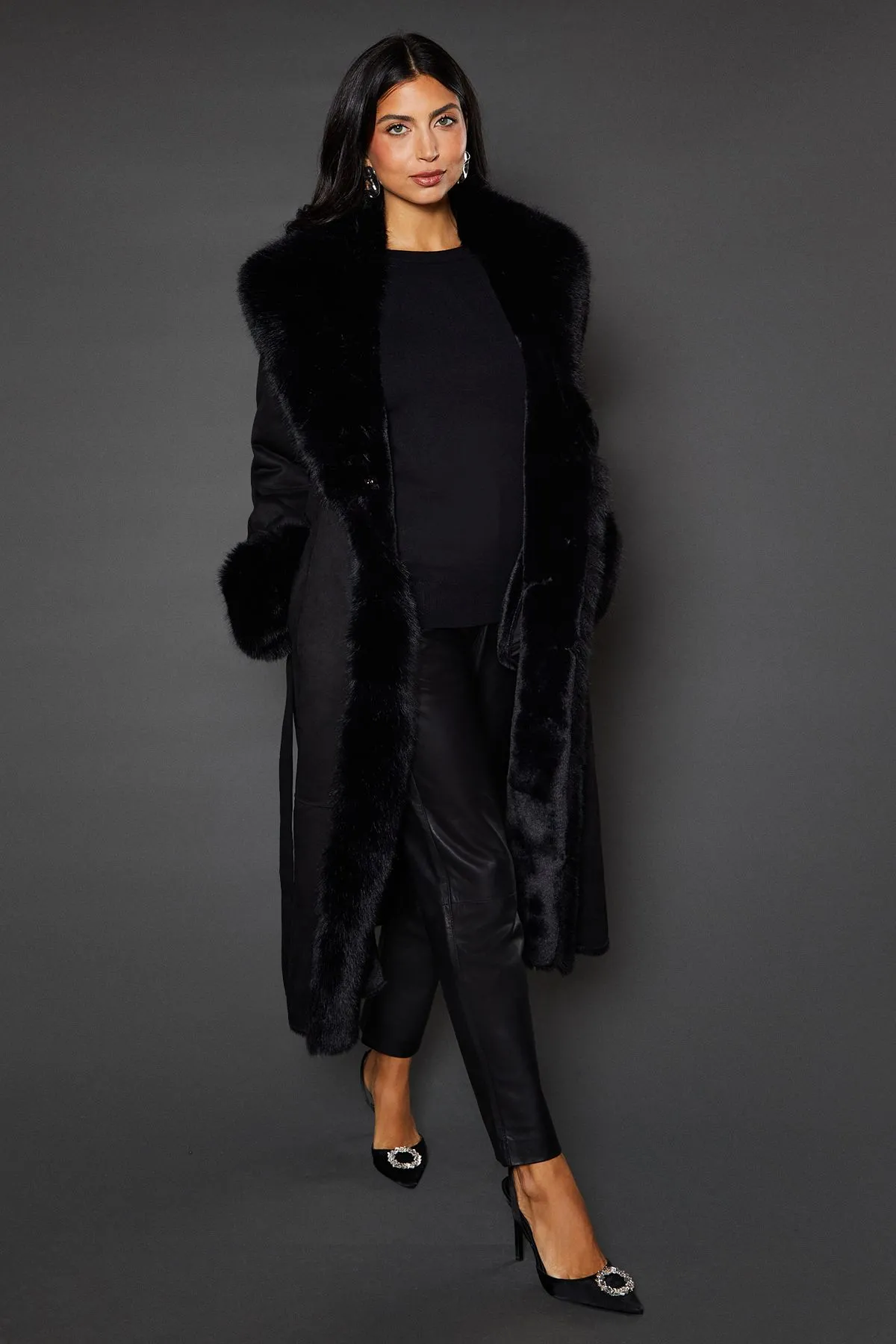 Belted Faux Fur Suedette Coat