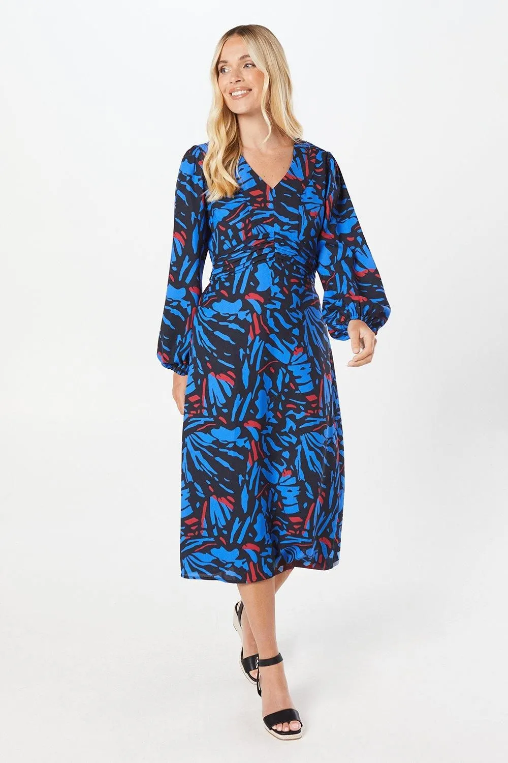 Petite Abstract Pleat Waist Midi Dress