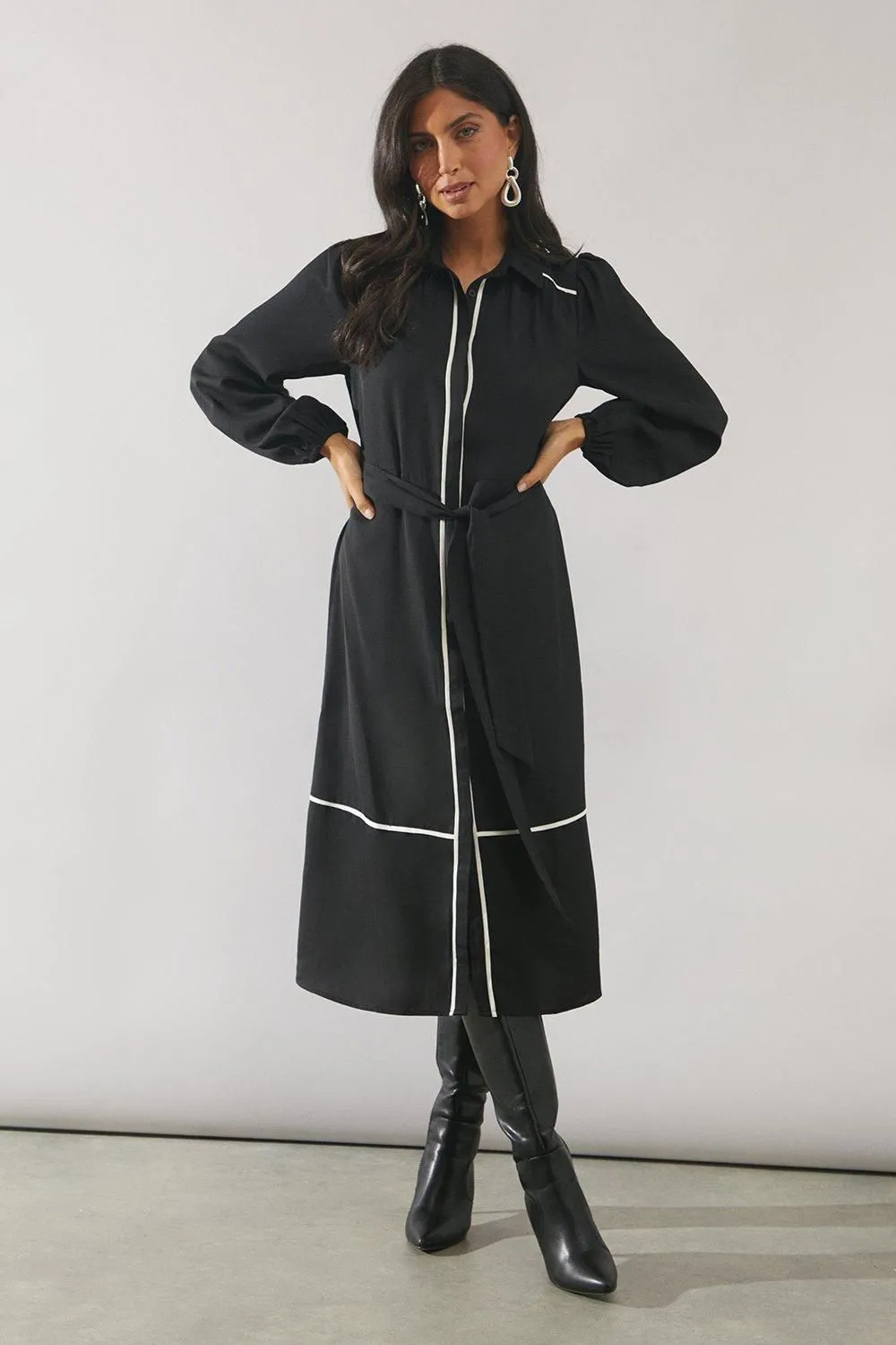 Contrast Piping Tie Waist Shirt Dress