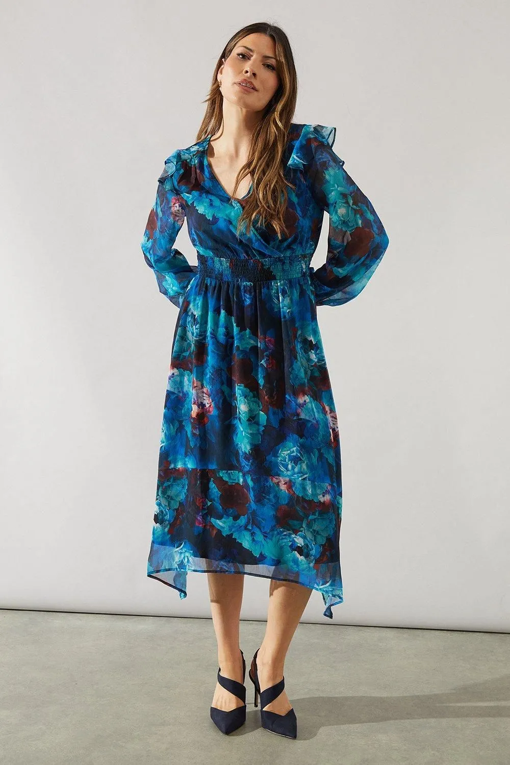 Blurred Floral Shirred Waist Dipped Hem Midi Dress