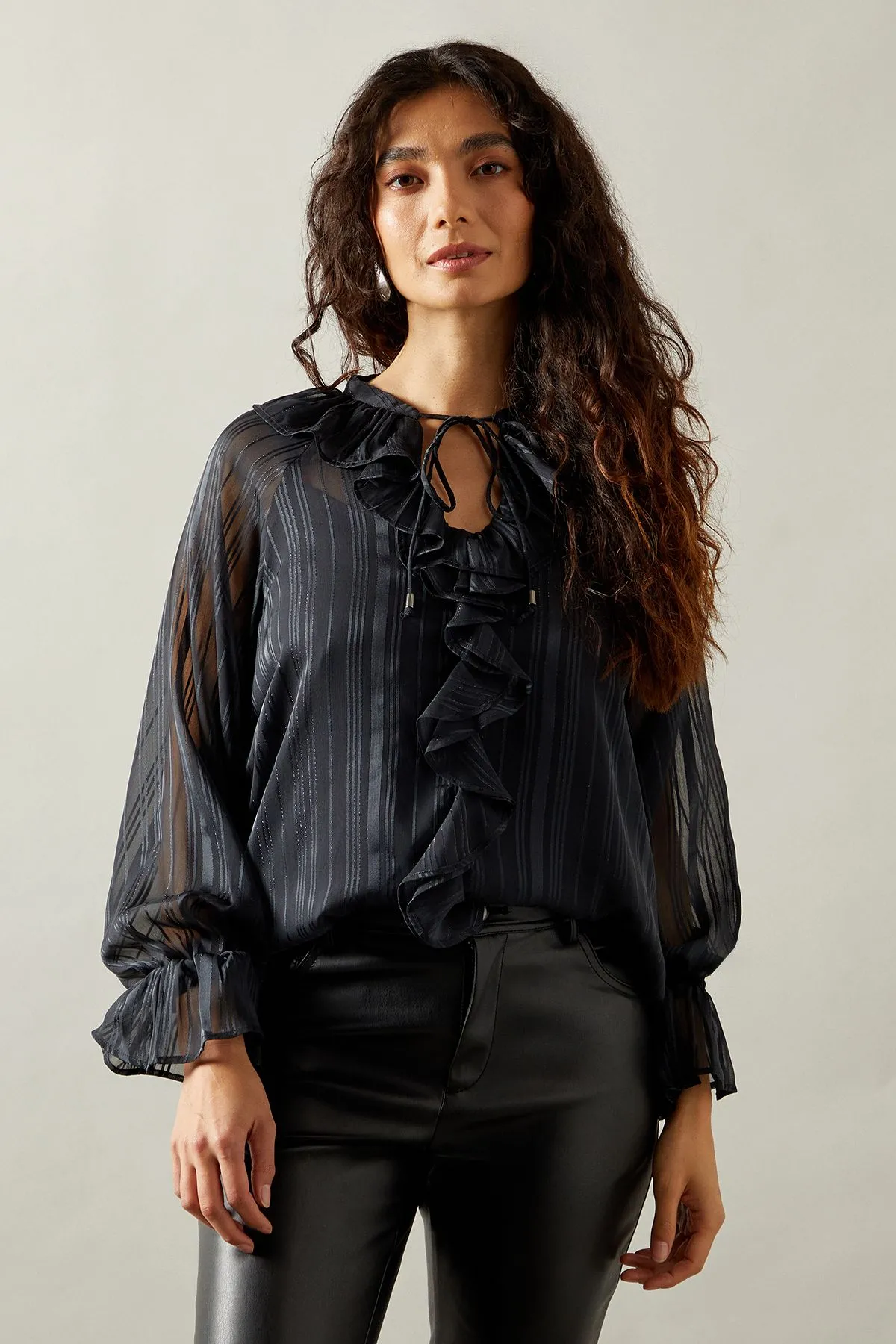 Occasion Ruffle Tie Neck Metallic Blouse