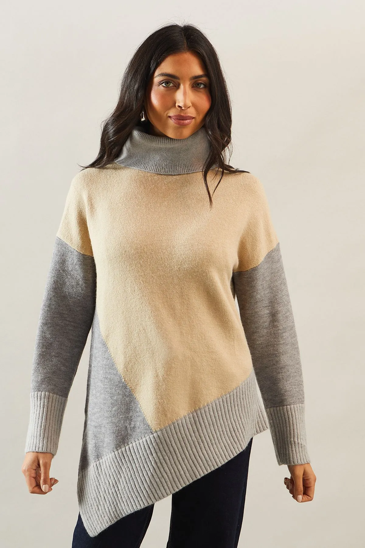 Colorblock Asymmetric Roll Neck Jumper