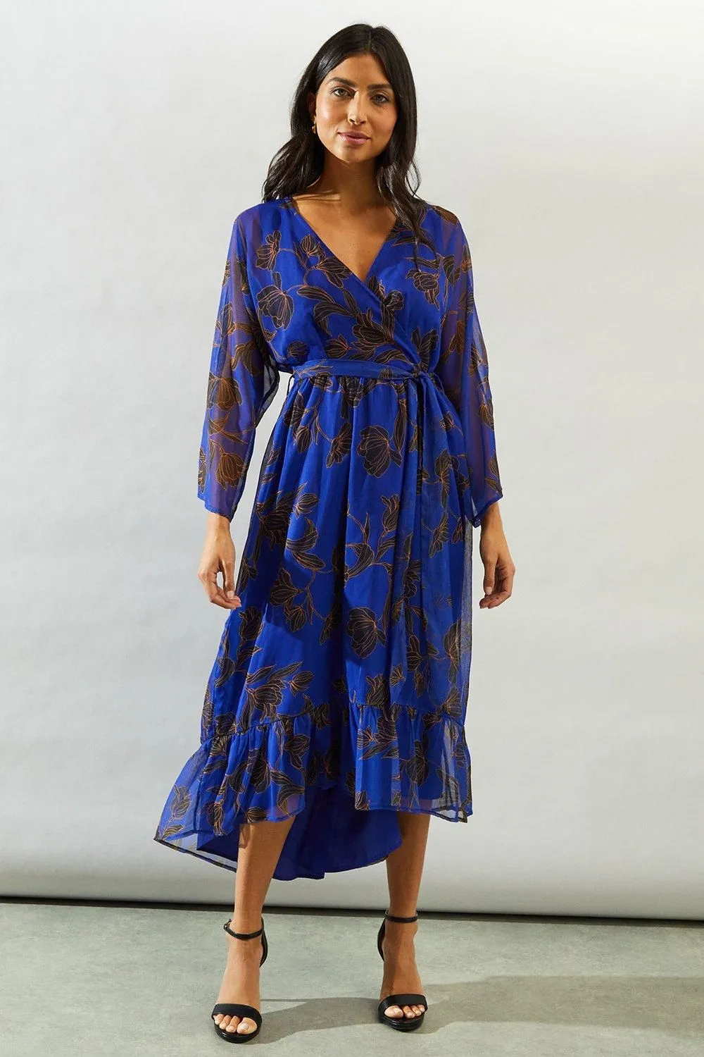 Stencil Floral Batwing Sleeve Wrap Dress