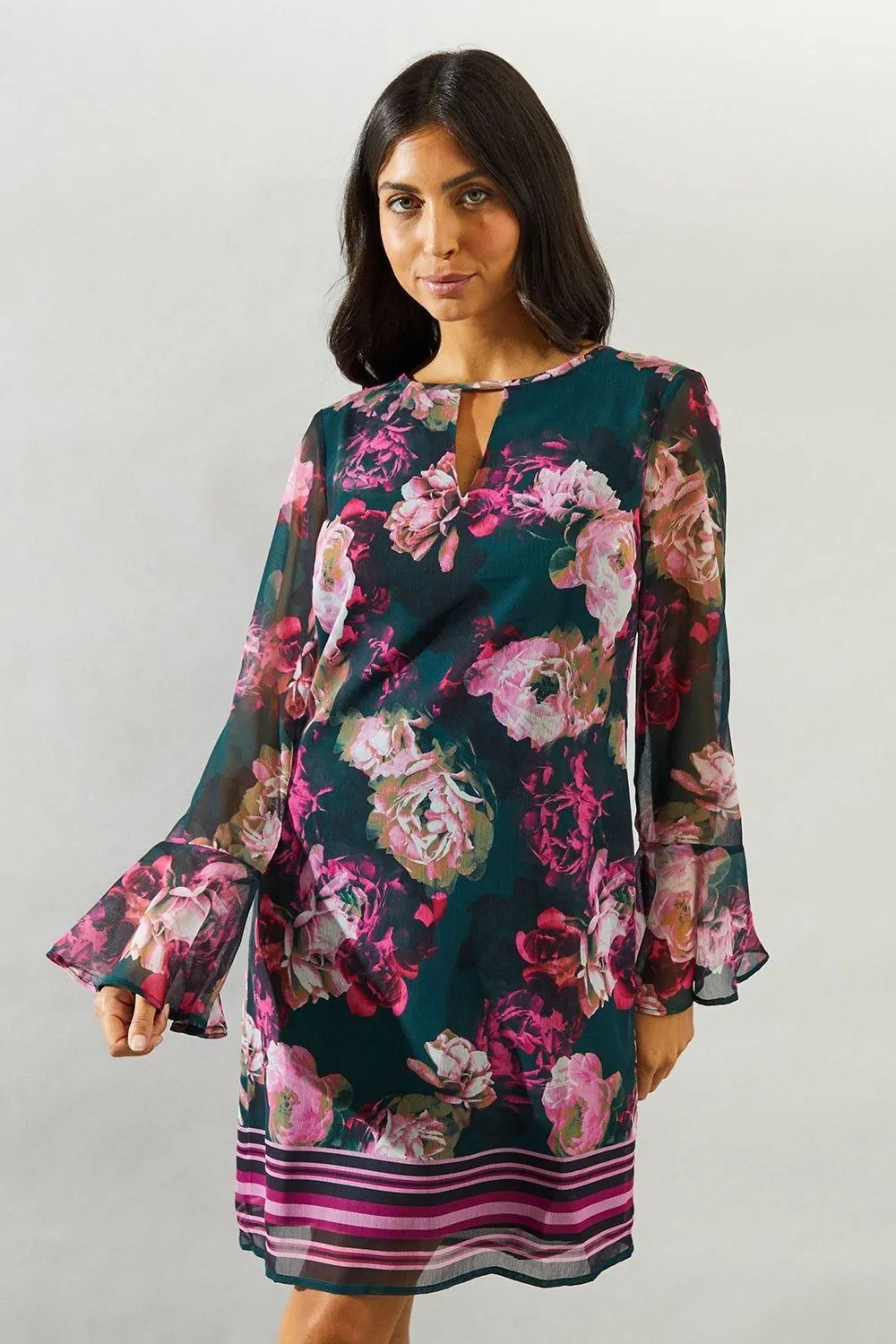 Green Floral Keyhole Detail Shift Dress