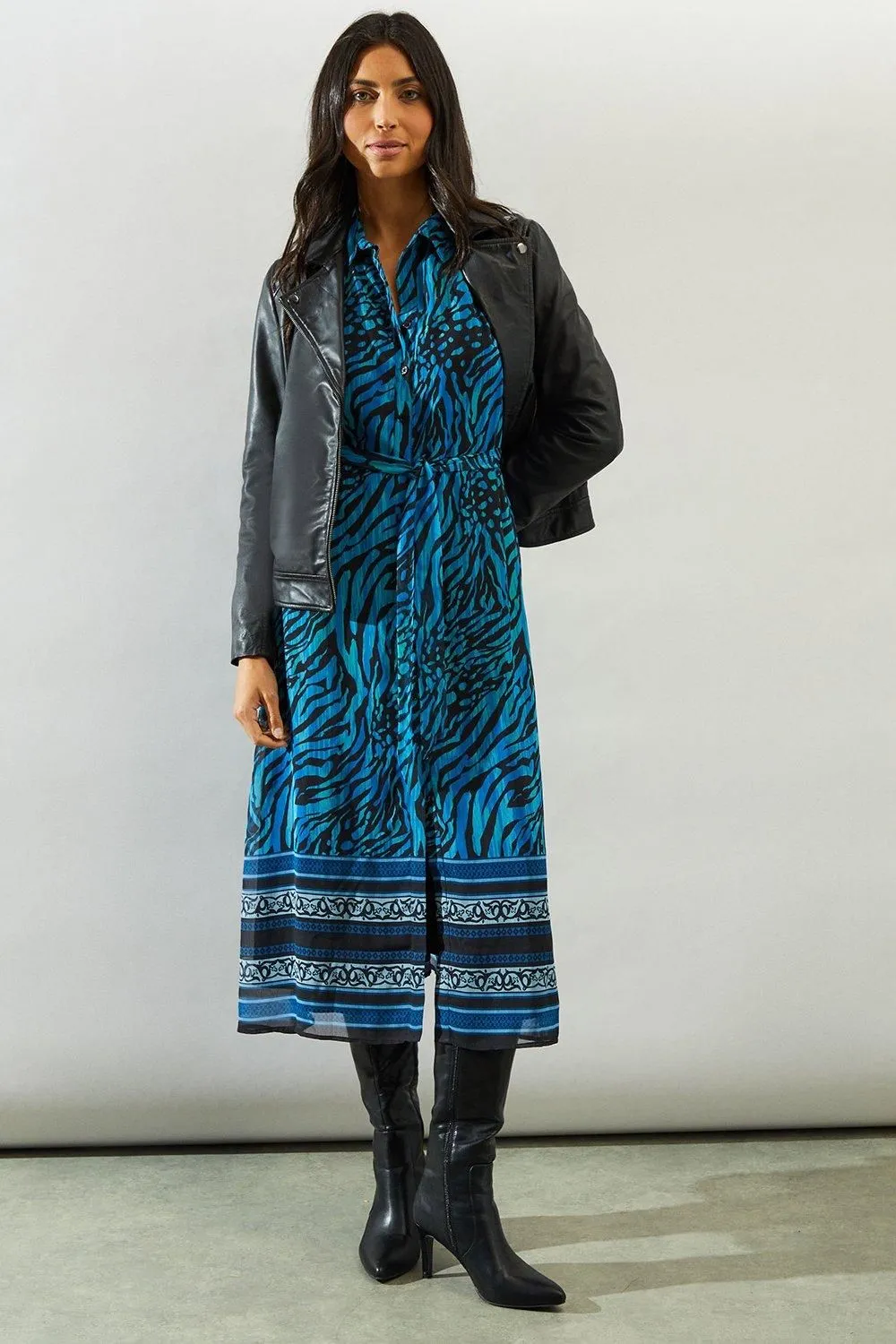 Blue Animal Print Belted Shirt Dress