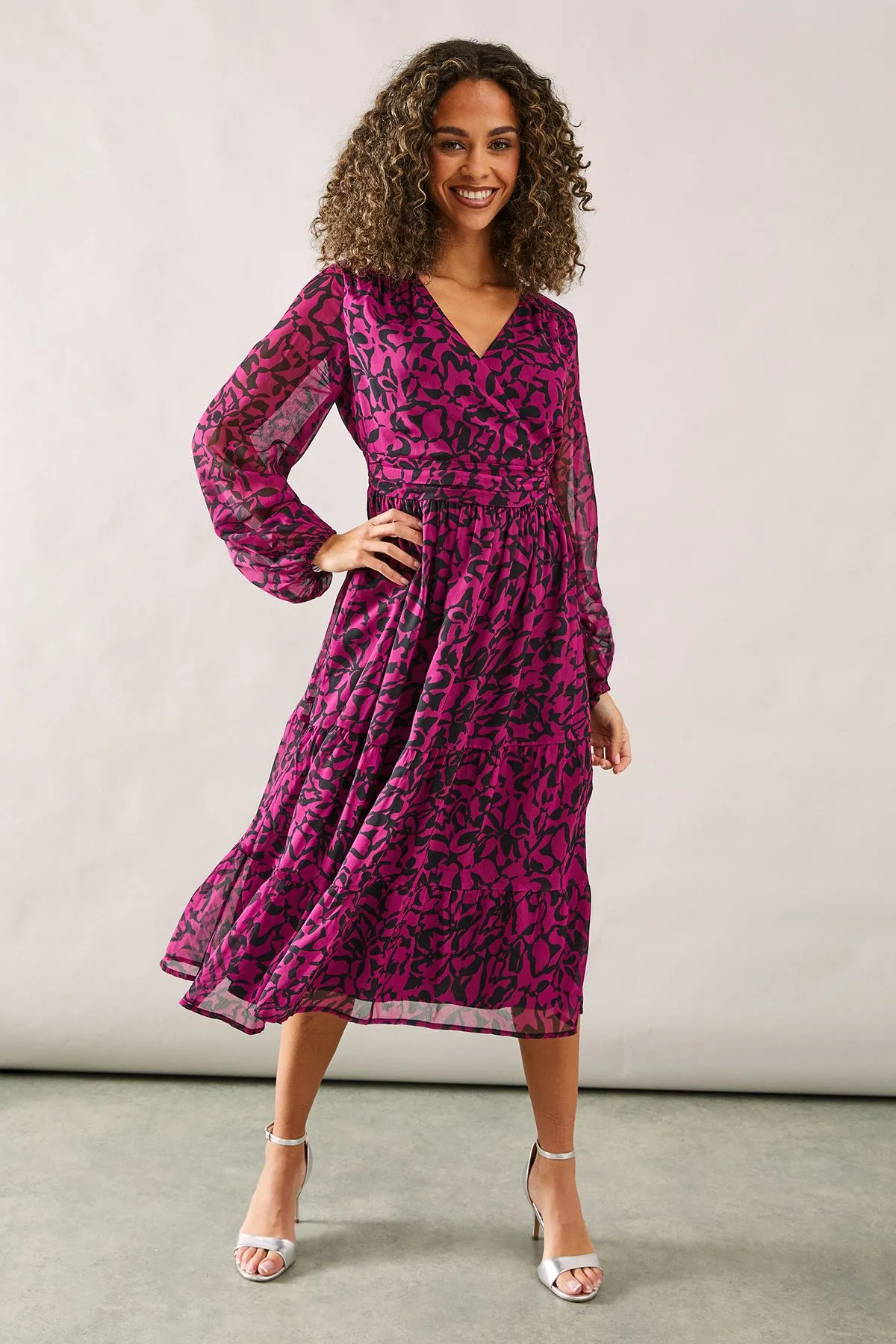 Berry Geo Print Tiered Midi Dress