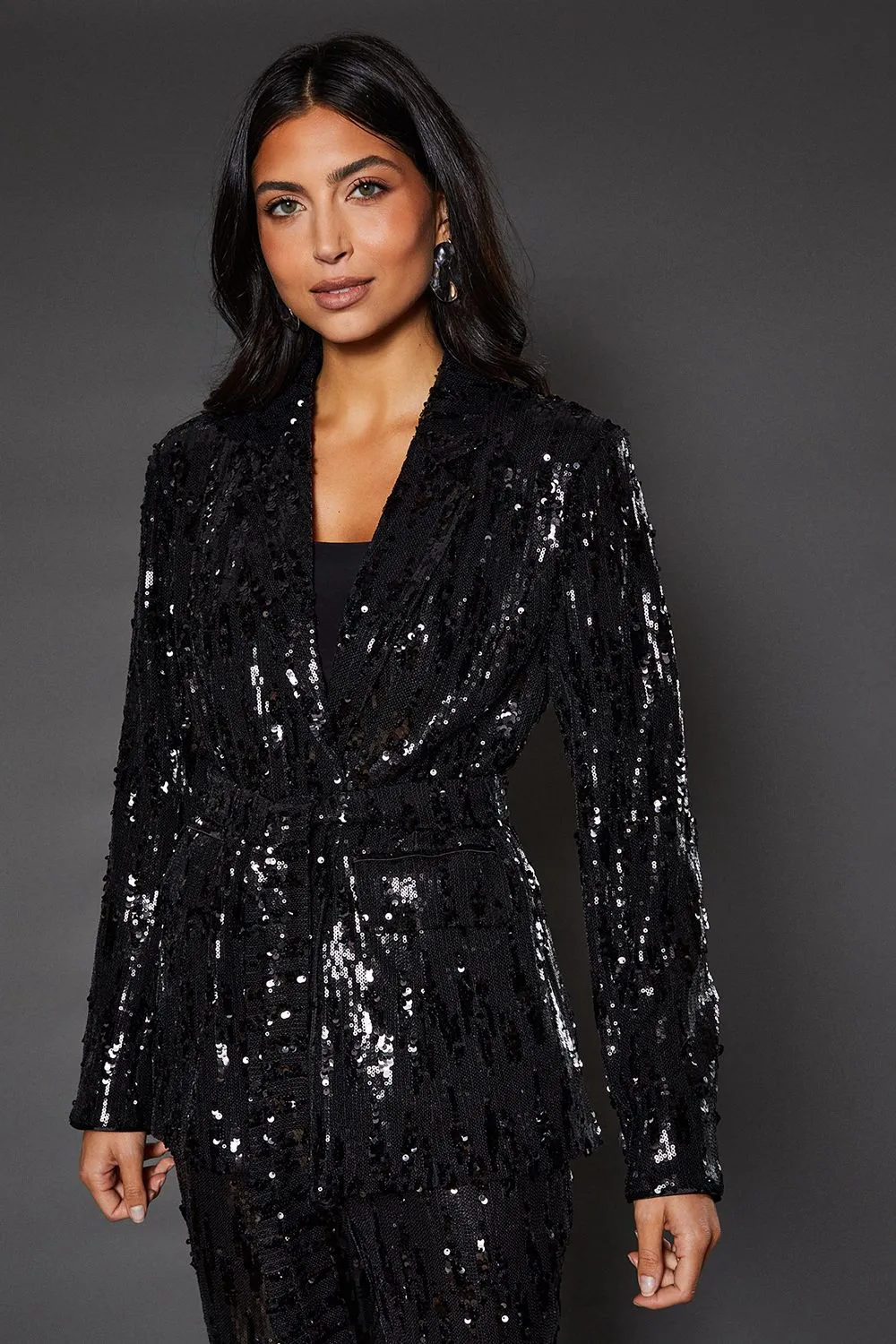 Tie Belted Sequin Blazer