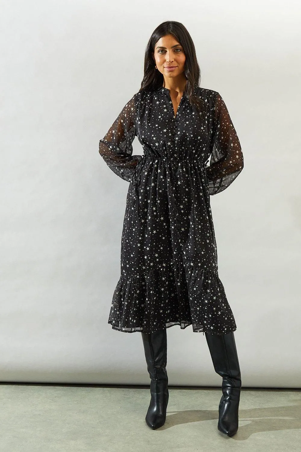 Black Star Tie Waist Midi Dress