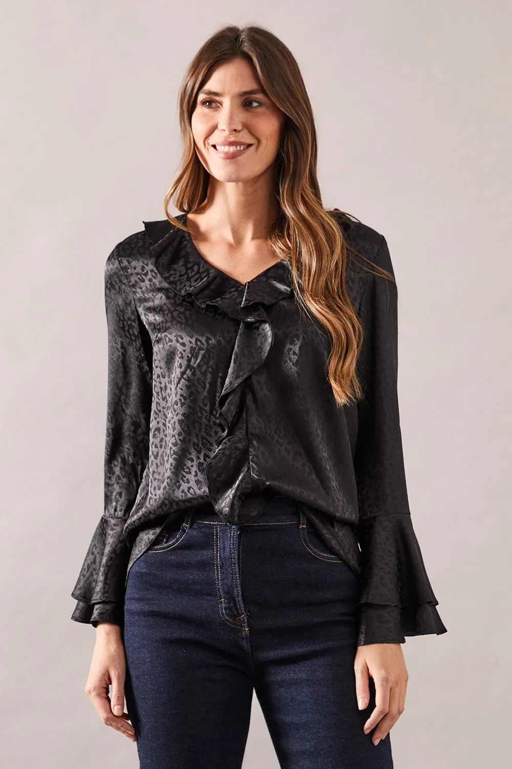 Animal Jacquard Ruffle Blouse