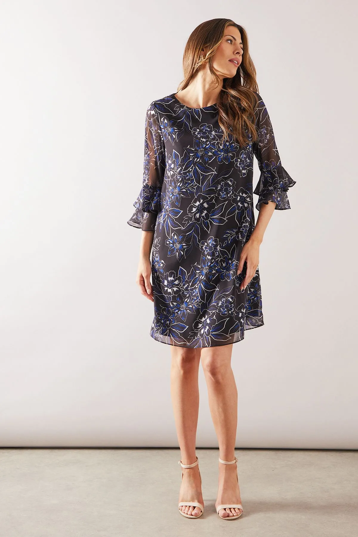 Floral Ruffle Sleeve Chiffon Shift Dress