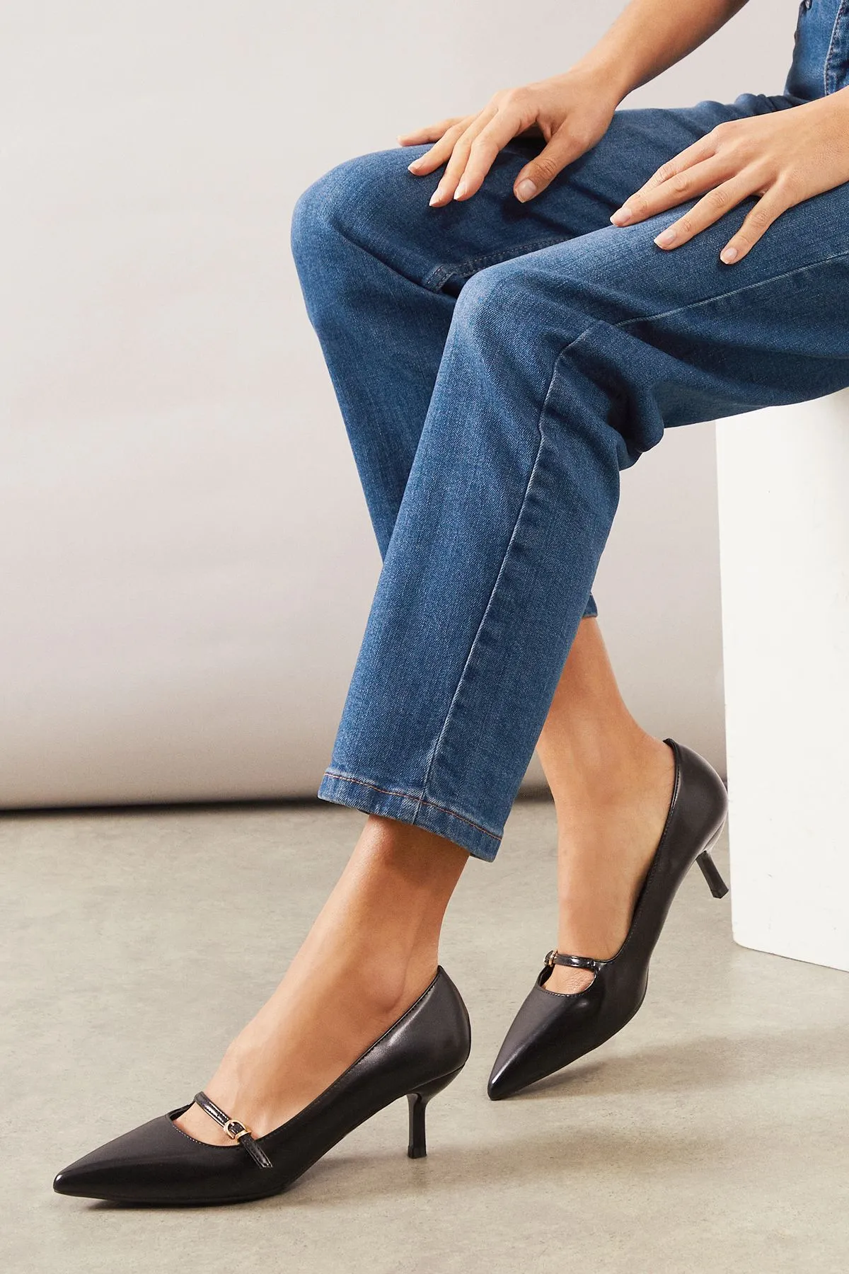 Brystan Faux Leather Pointed Mary Jane Kitten Heel Court Shoes