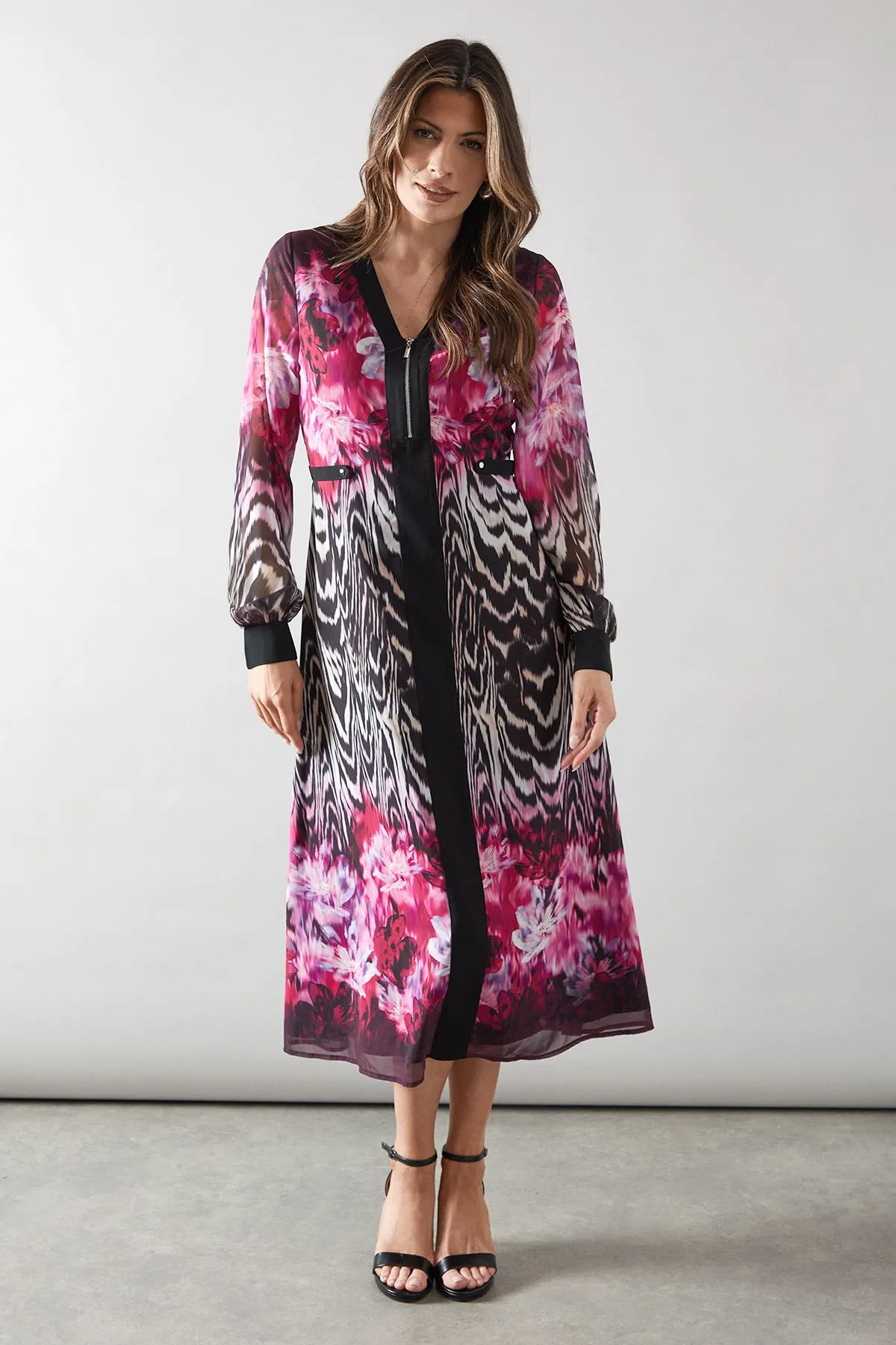 Zip Front Animal Floral Border Chiffon Midi Dress