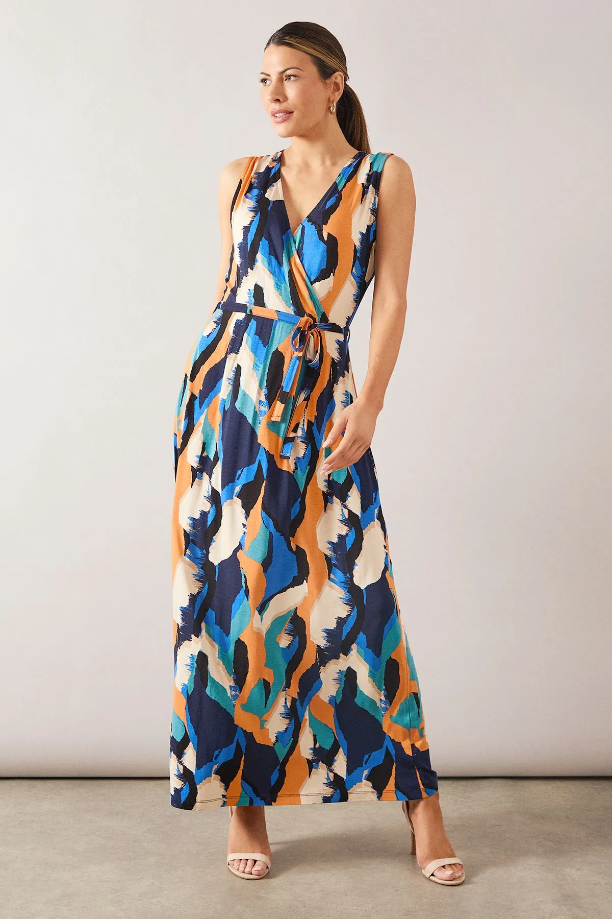 Abstract Sleeveless Wrap Viscose Jersey Maxi Dress