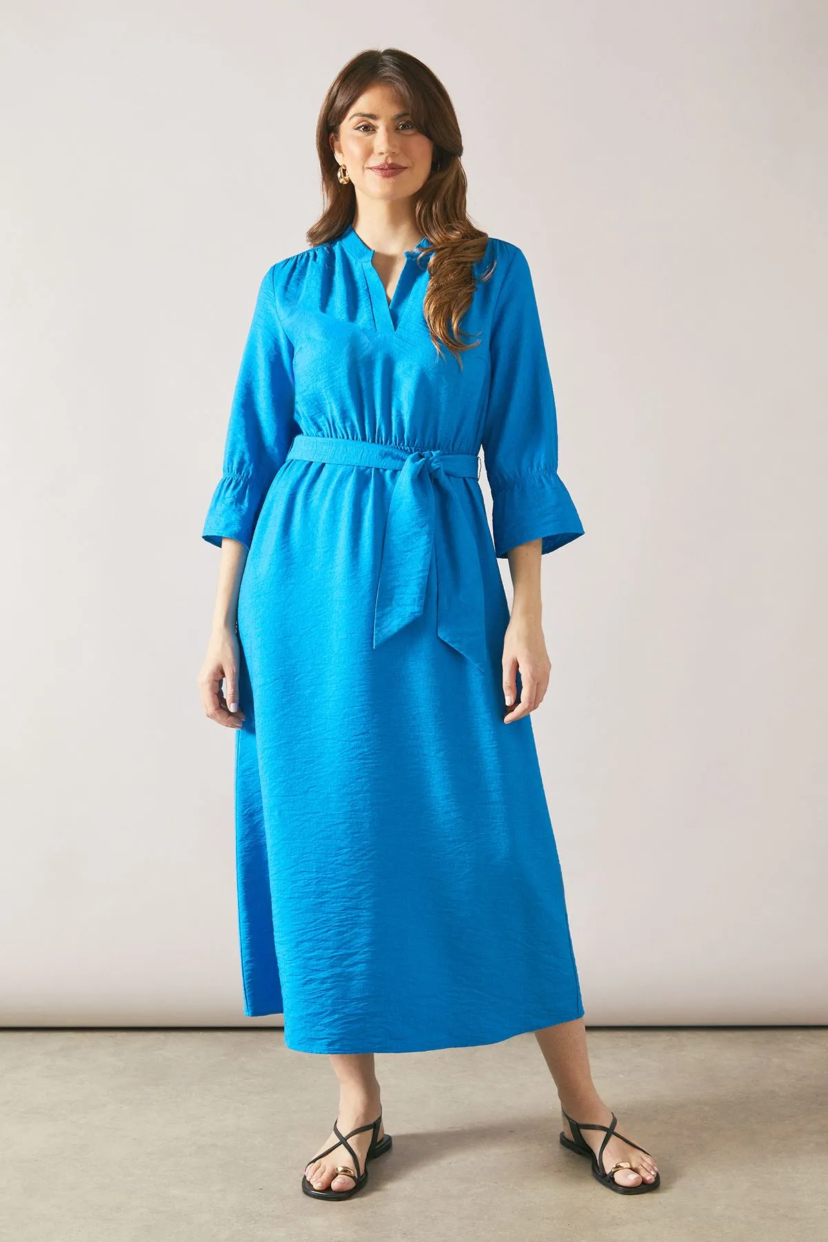 Collarless Belted Shirt Dress
