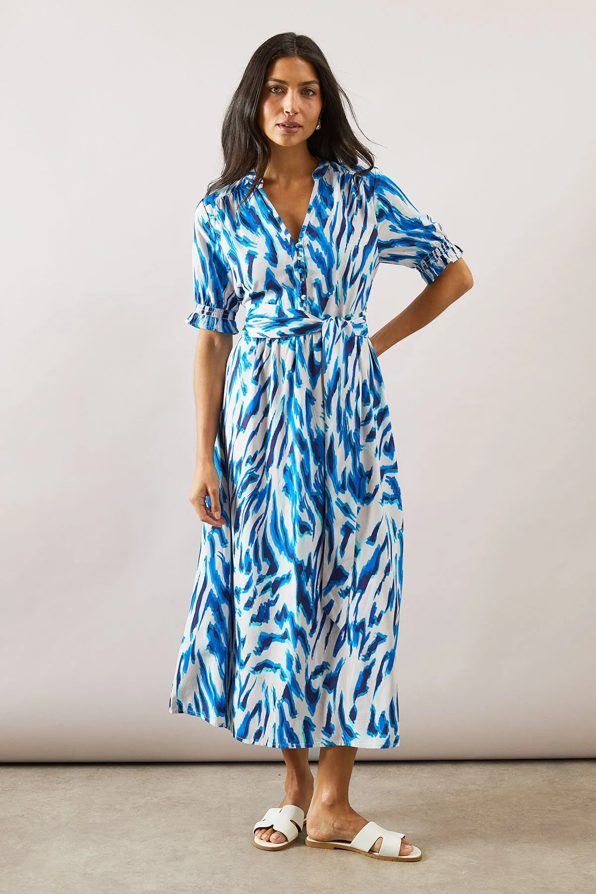 Animal Collarless Midi Shirt Dress