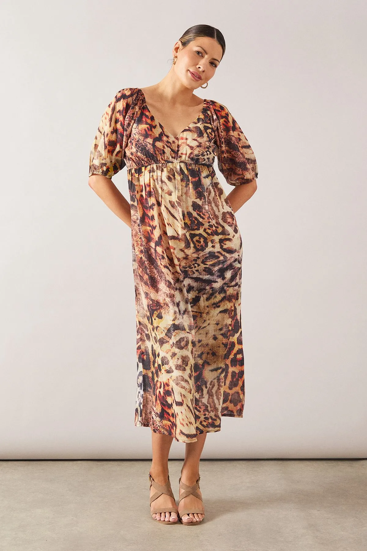 Animal Puff Sleeve Midi Dress