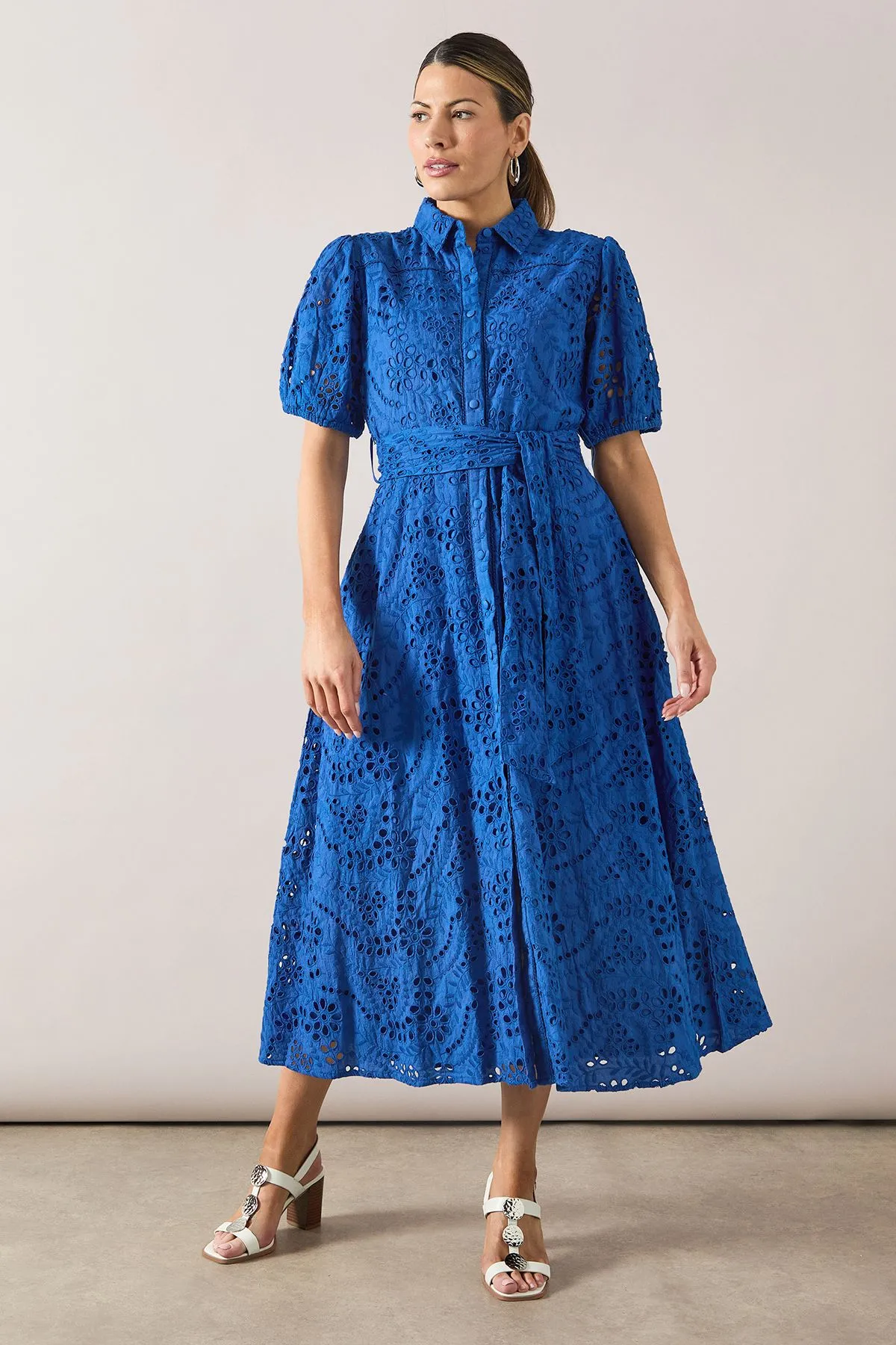 Broderie Tie Waist Shirt Dress
