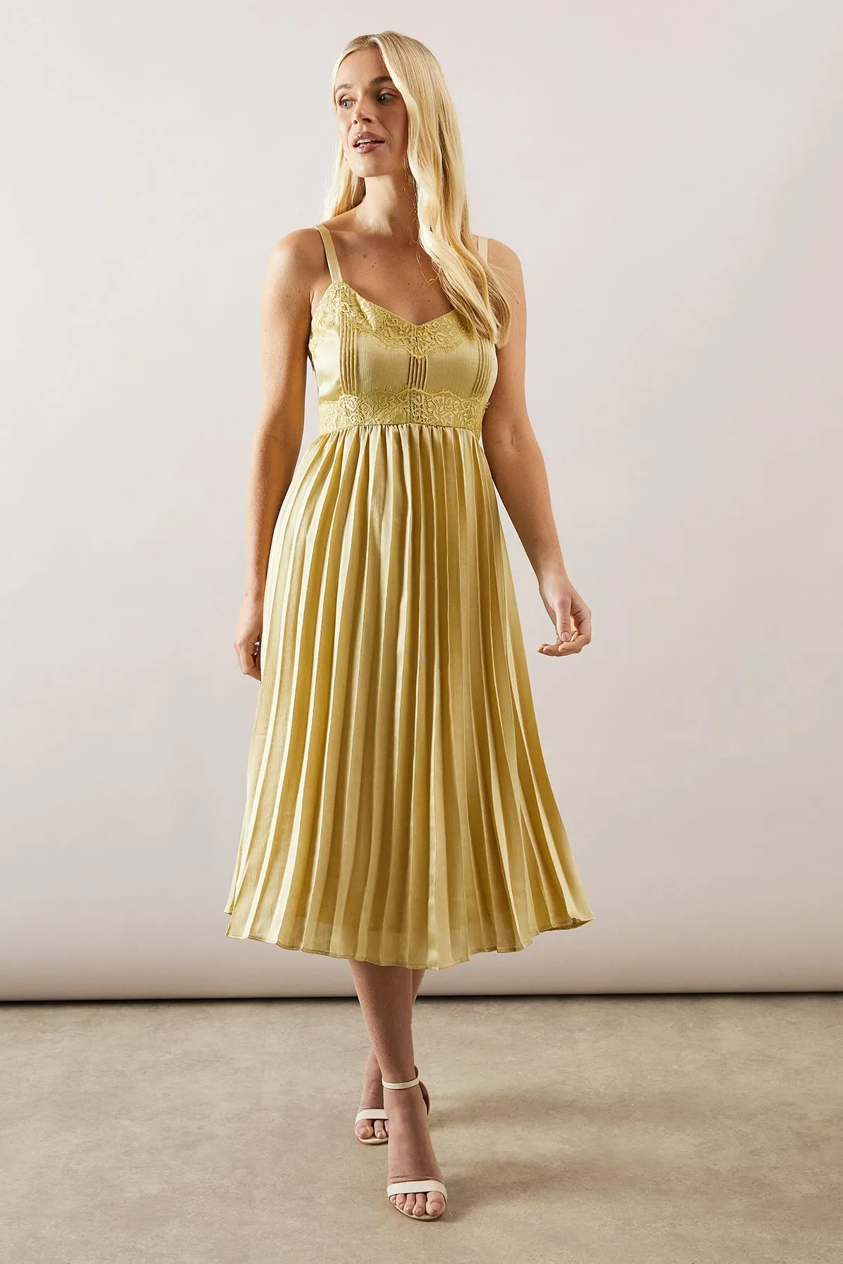 Petite Lace Trim Pleated Strappy Midi Dress