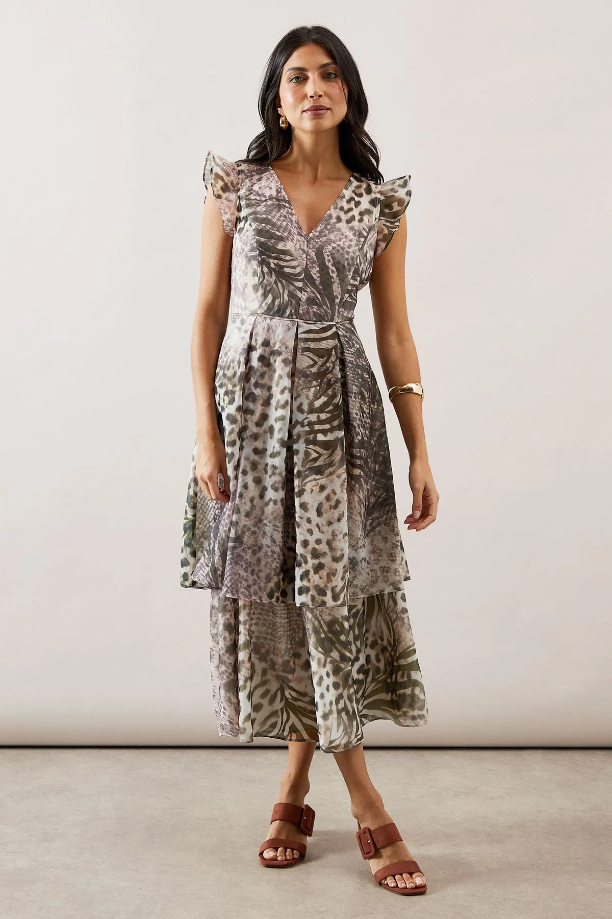 Animal Print Ruffle Sleeve Tiered Dress
