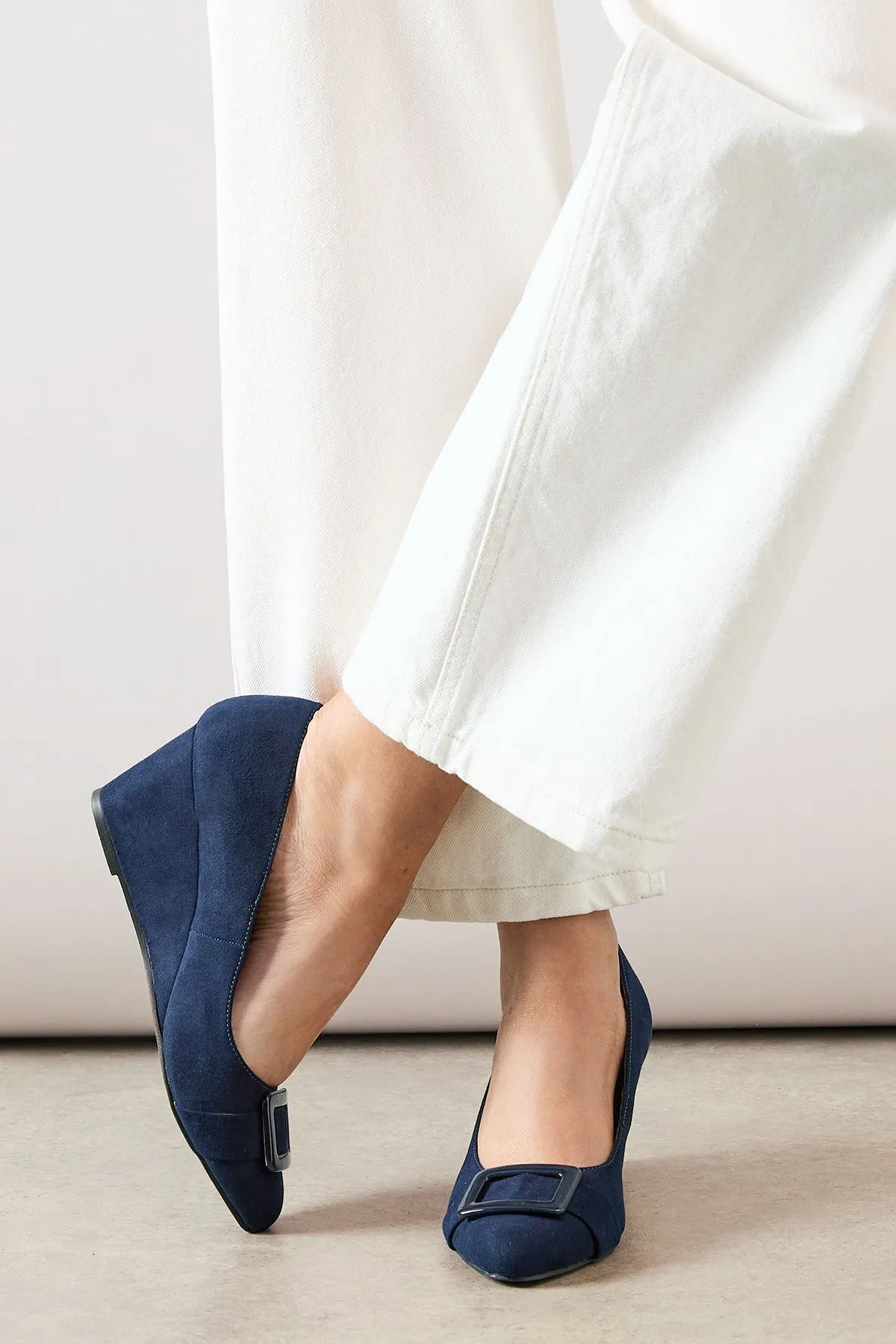 Wide Fit Darwin Faux Suede Almond Toe Covered Buckle Medium Wedge Court Shoes