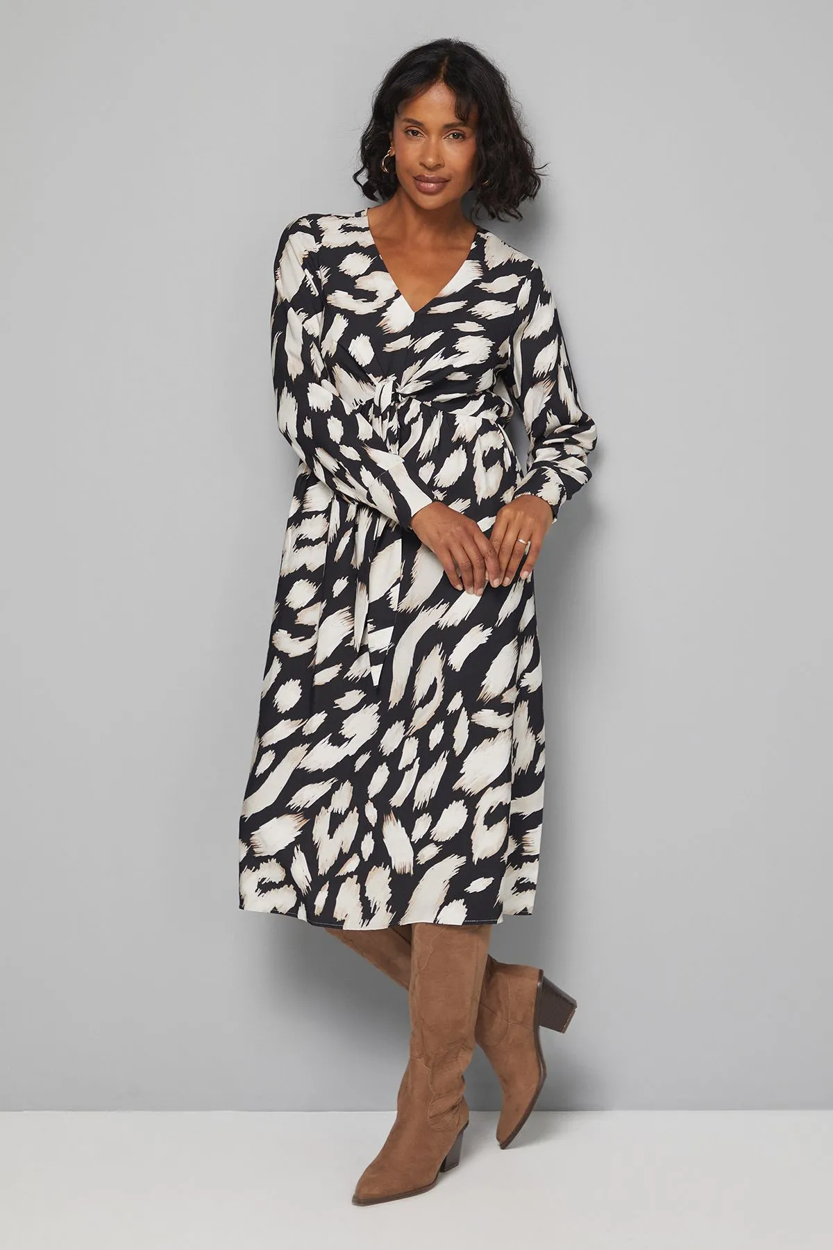 Animal Viscose Tie Front Midi Dress