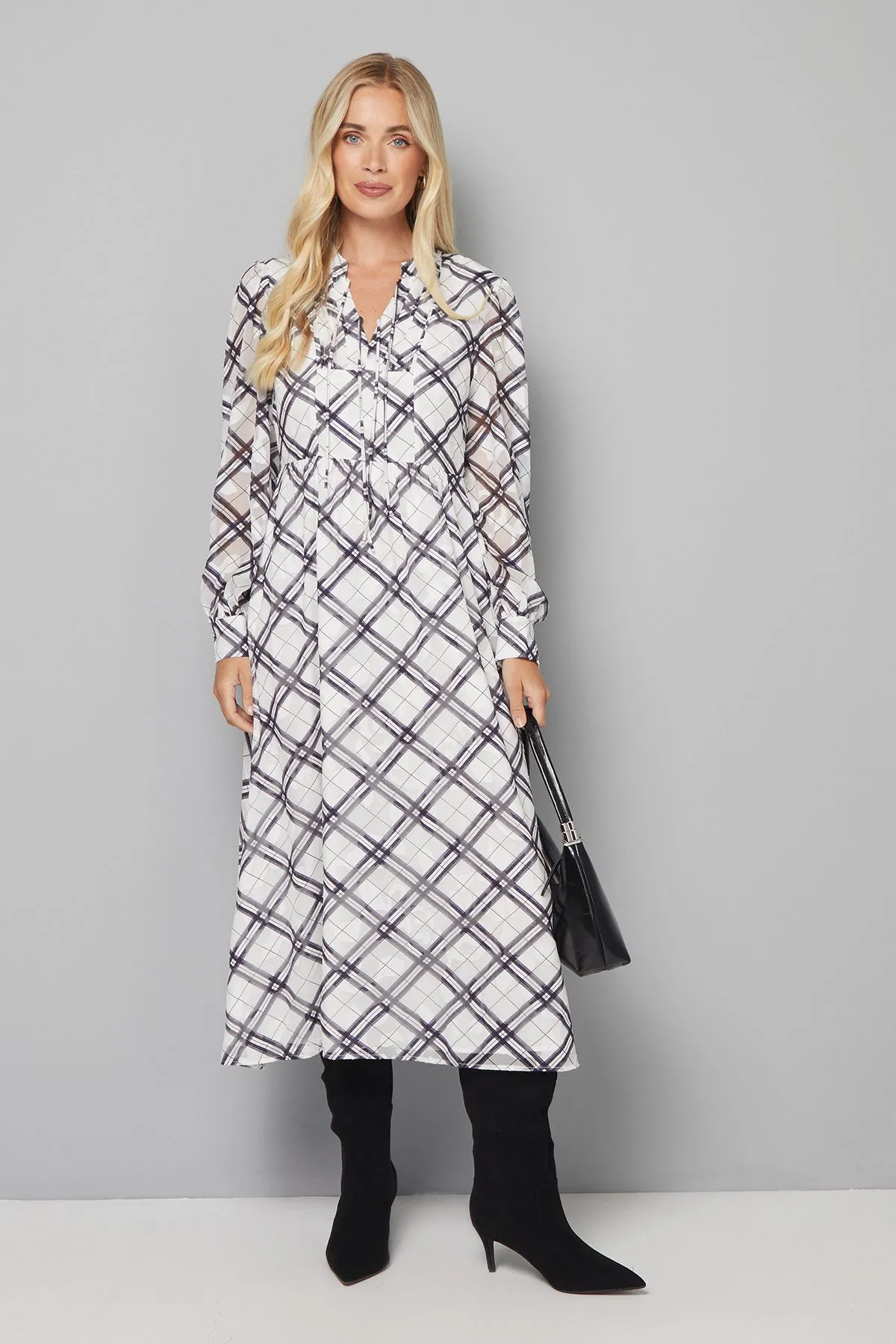 White Petite Check Burn Out Tie Front Midi Dress