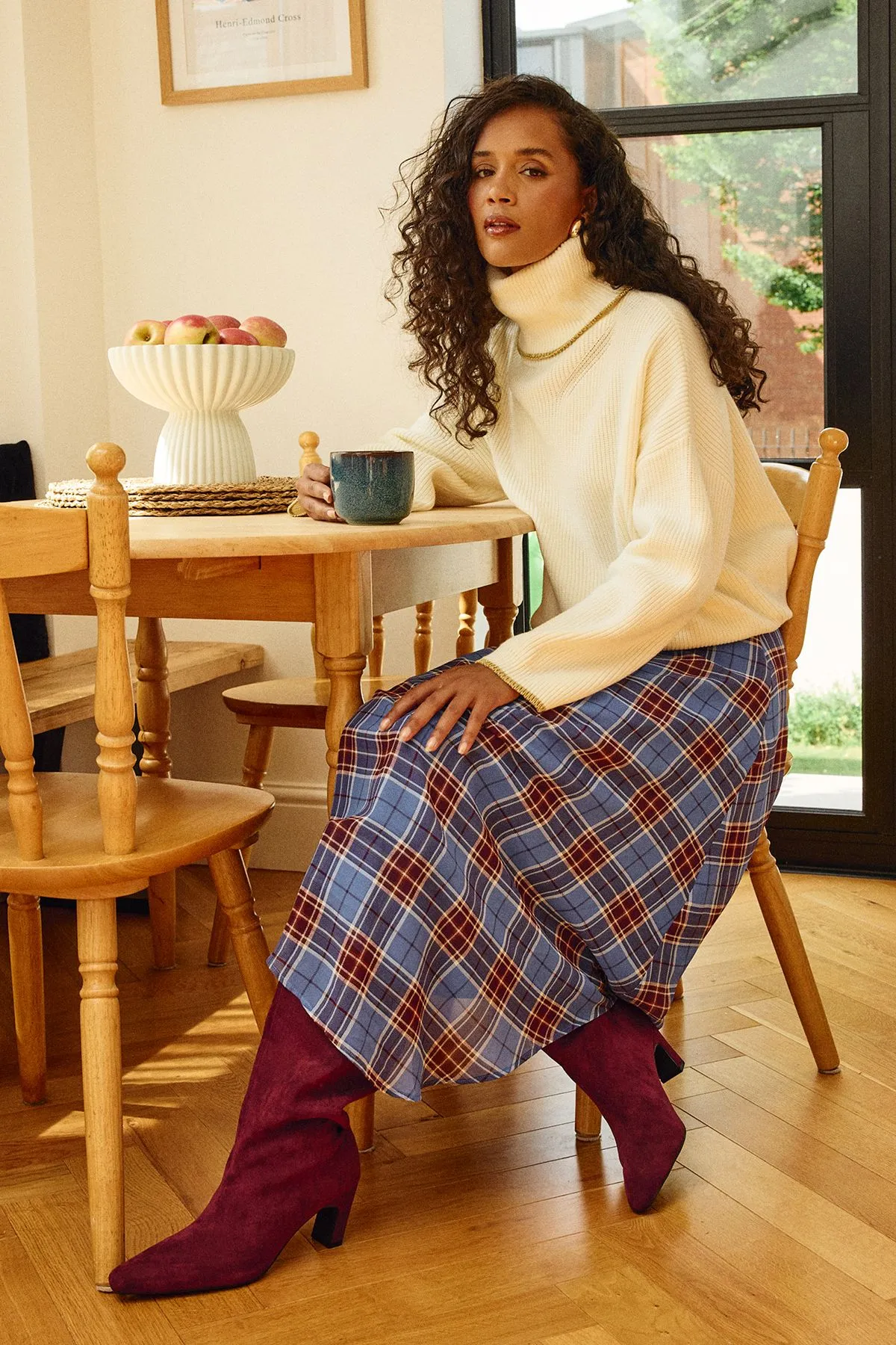 Blue Check Chiffon Asymmetric Skirt