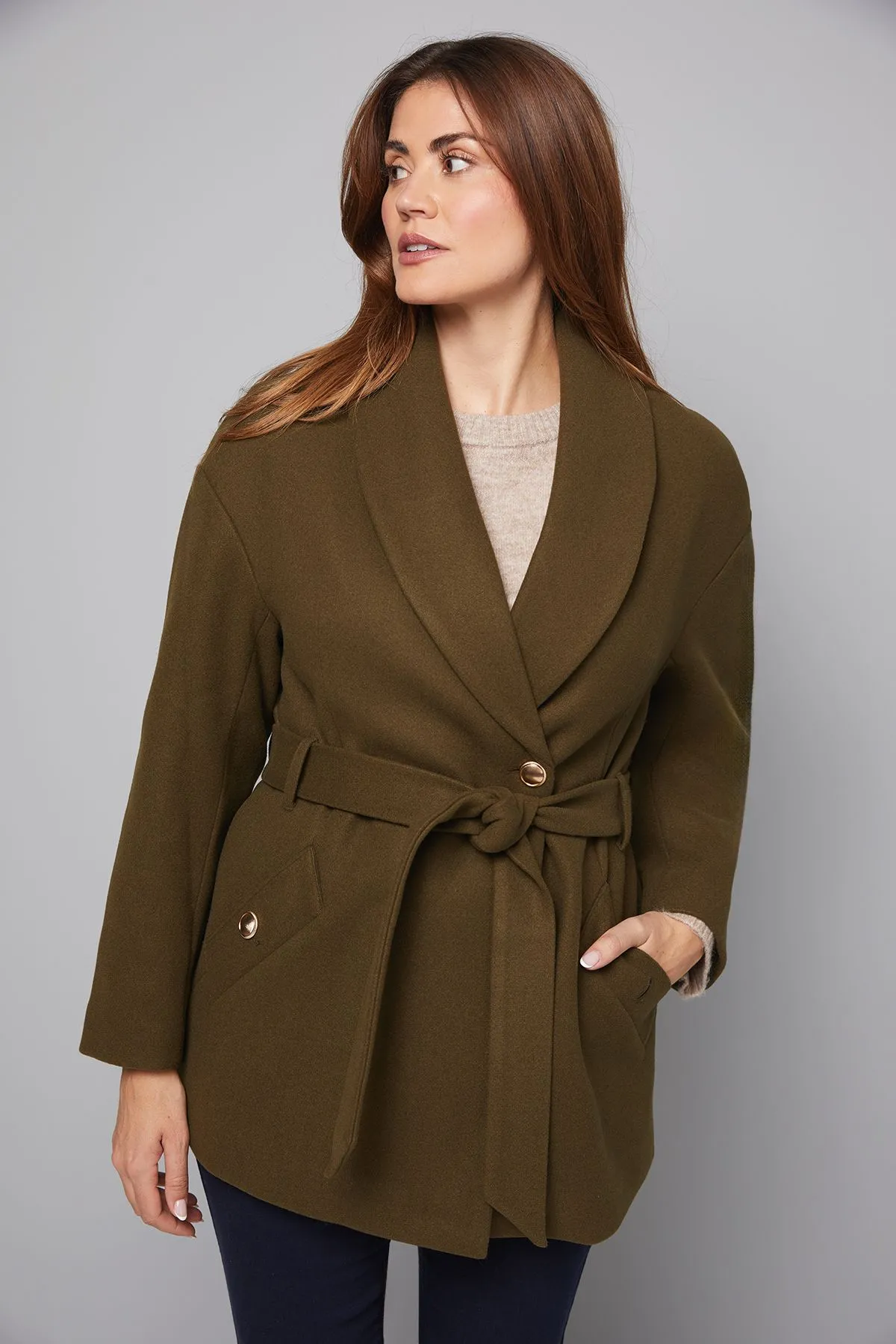 (S) Belted Shawl Collar Coat
