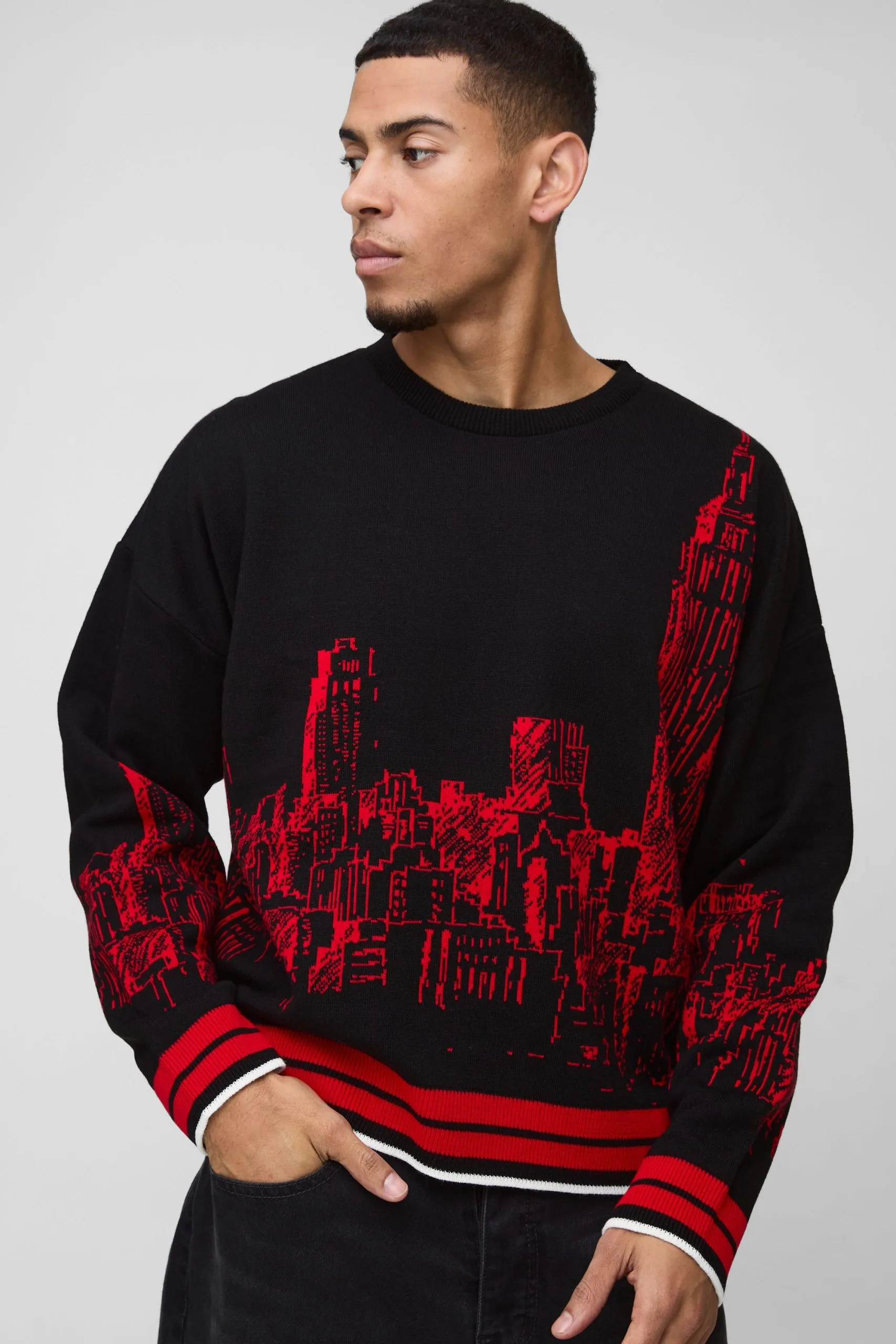 Boxy City Jacquard Graphic Brushed Knitted Jumper