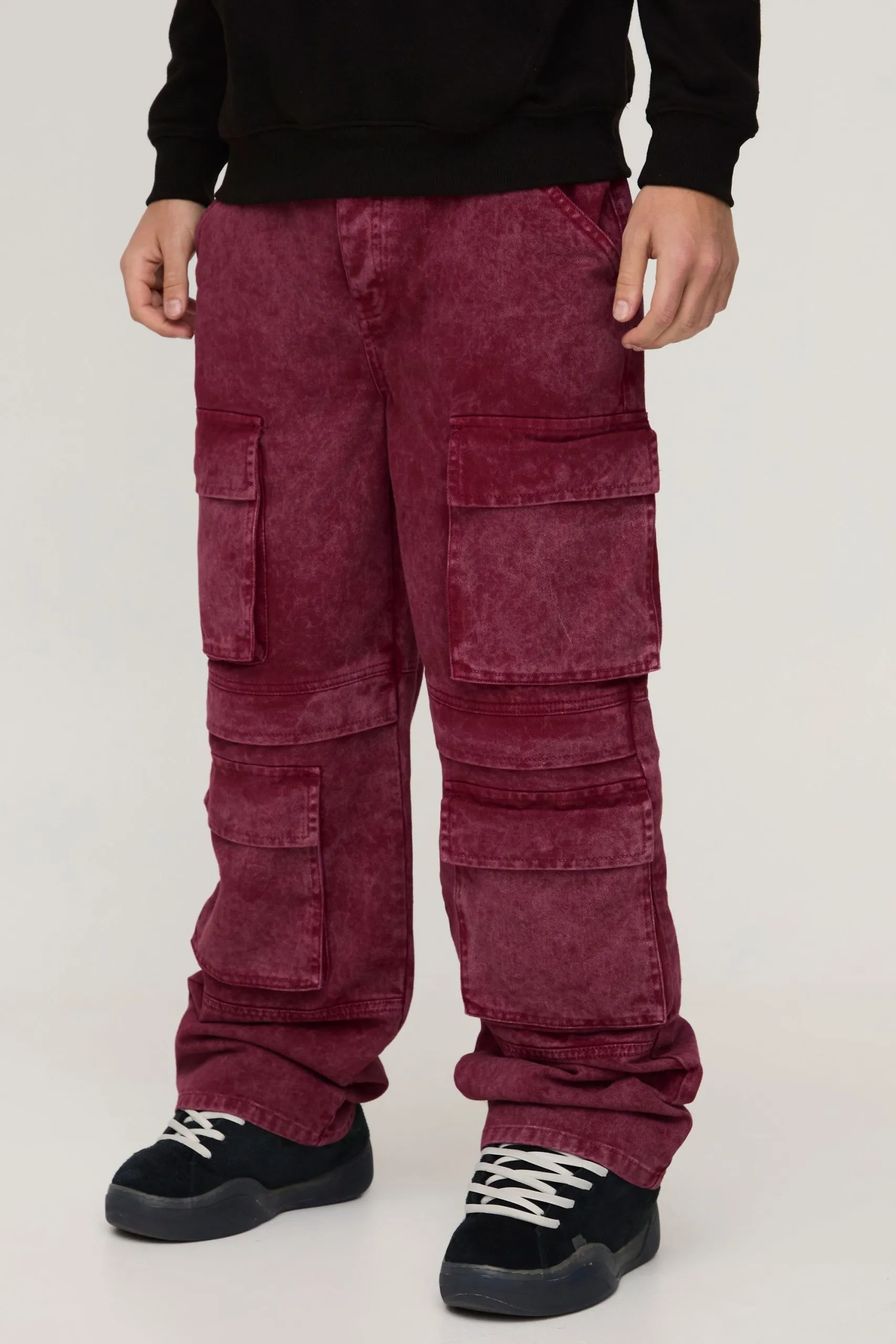Relaxed Rigid Acid Washed Multi Pocket Cargo Denim Jeans