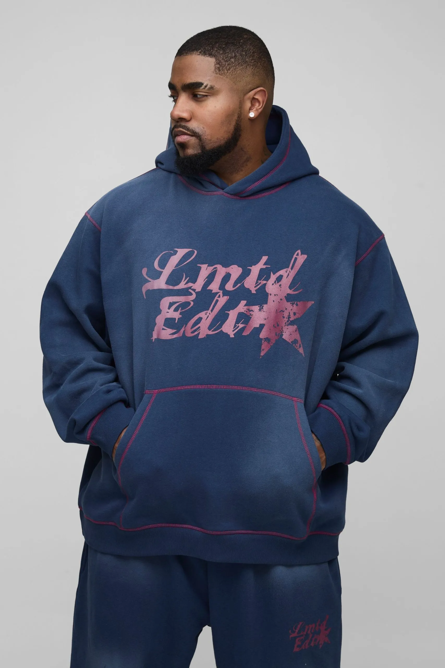 Plus Oversized Contrast Stitch Limited Spray Wash Hoodie