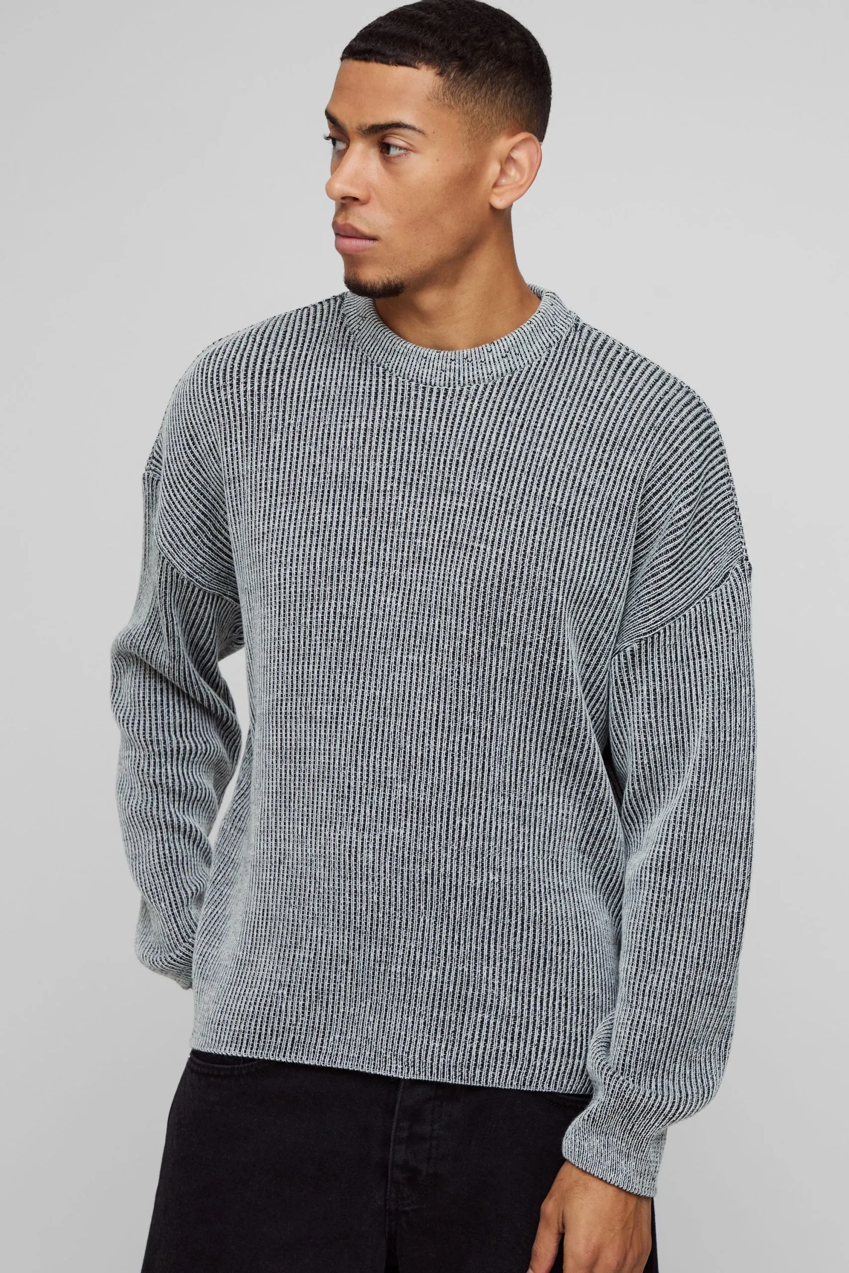 Boxy Crew Neck Dropped Shoulder Plated Ribbed Knit Jumper