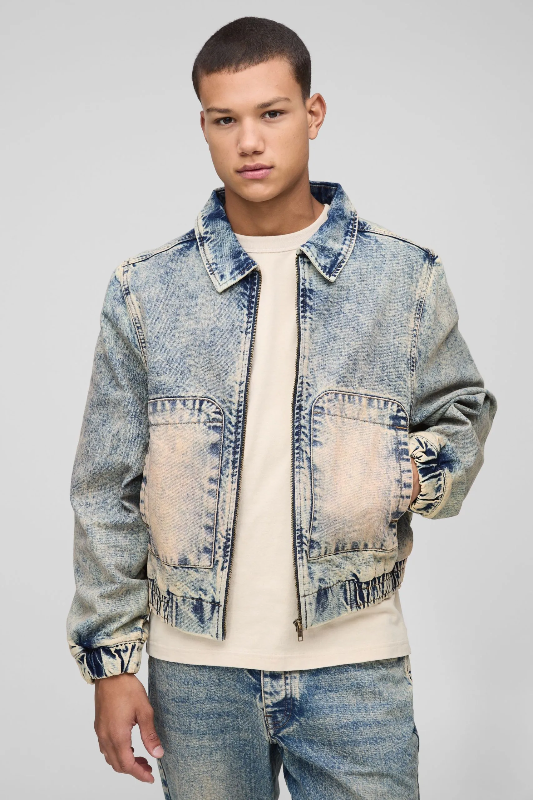 Regular Fit Zip Through Antique Wash Denim Bomber