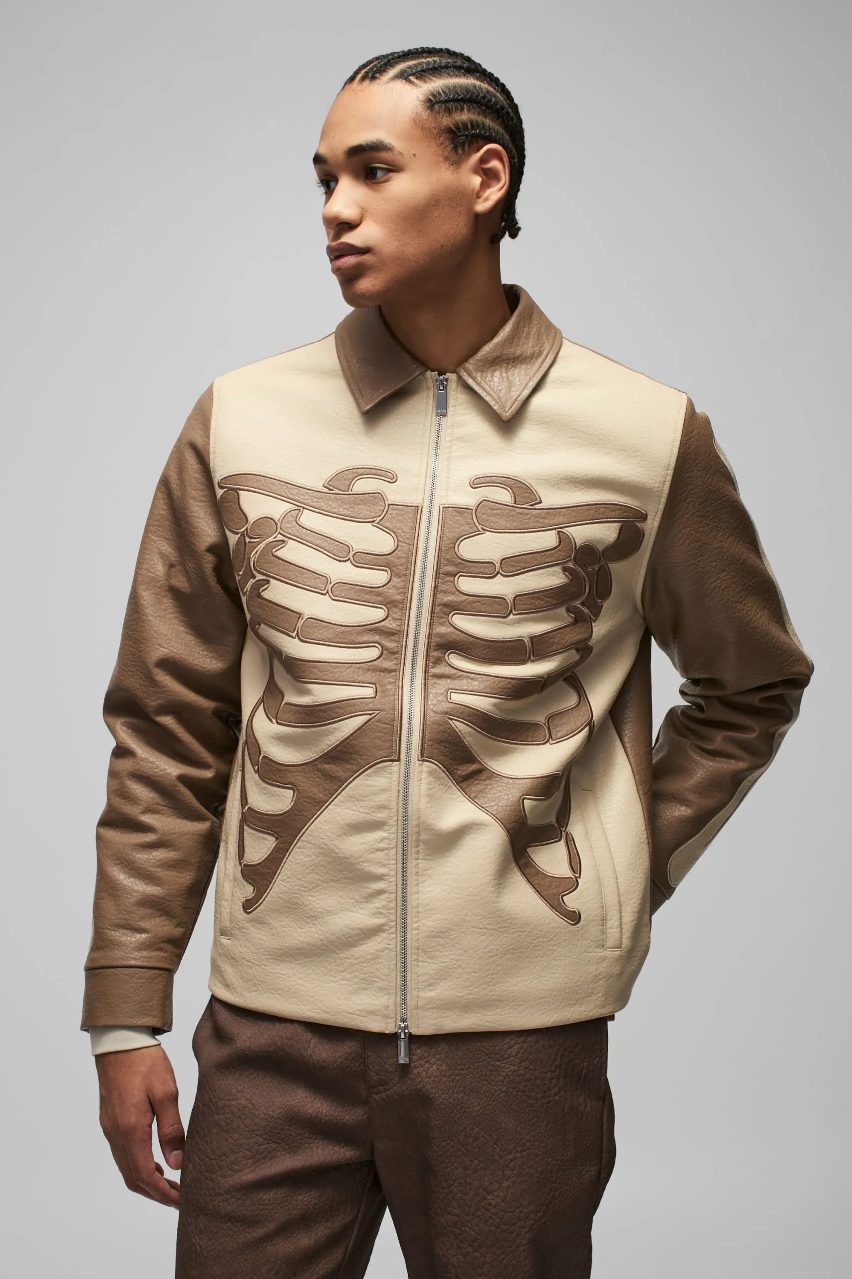 Regular Fit Tumbled PU Skeleton Applique Harrington Jacket