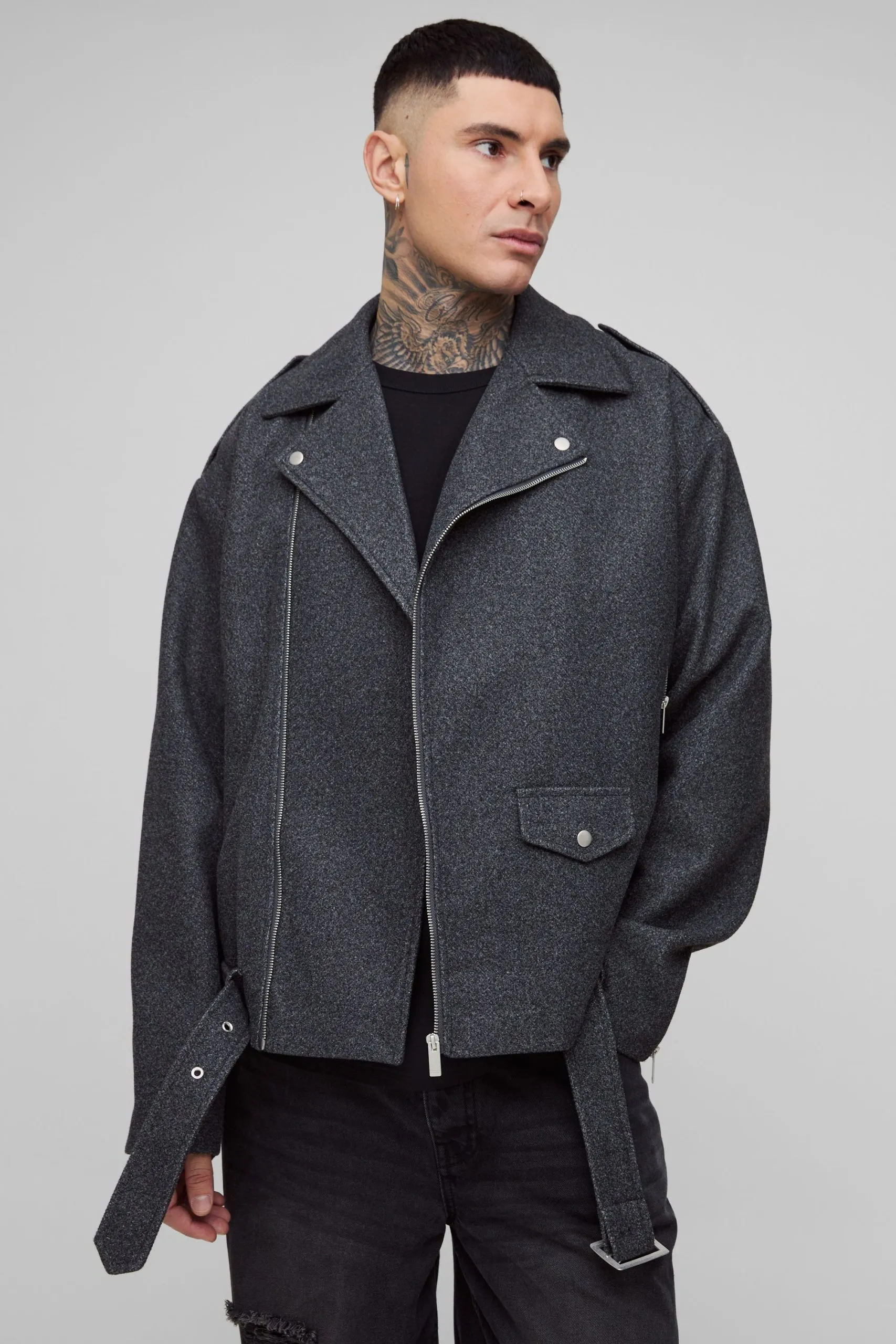 Tall Oversized Wool Look Biker Jacket