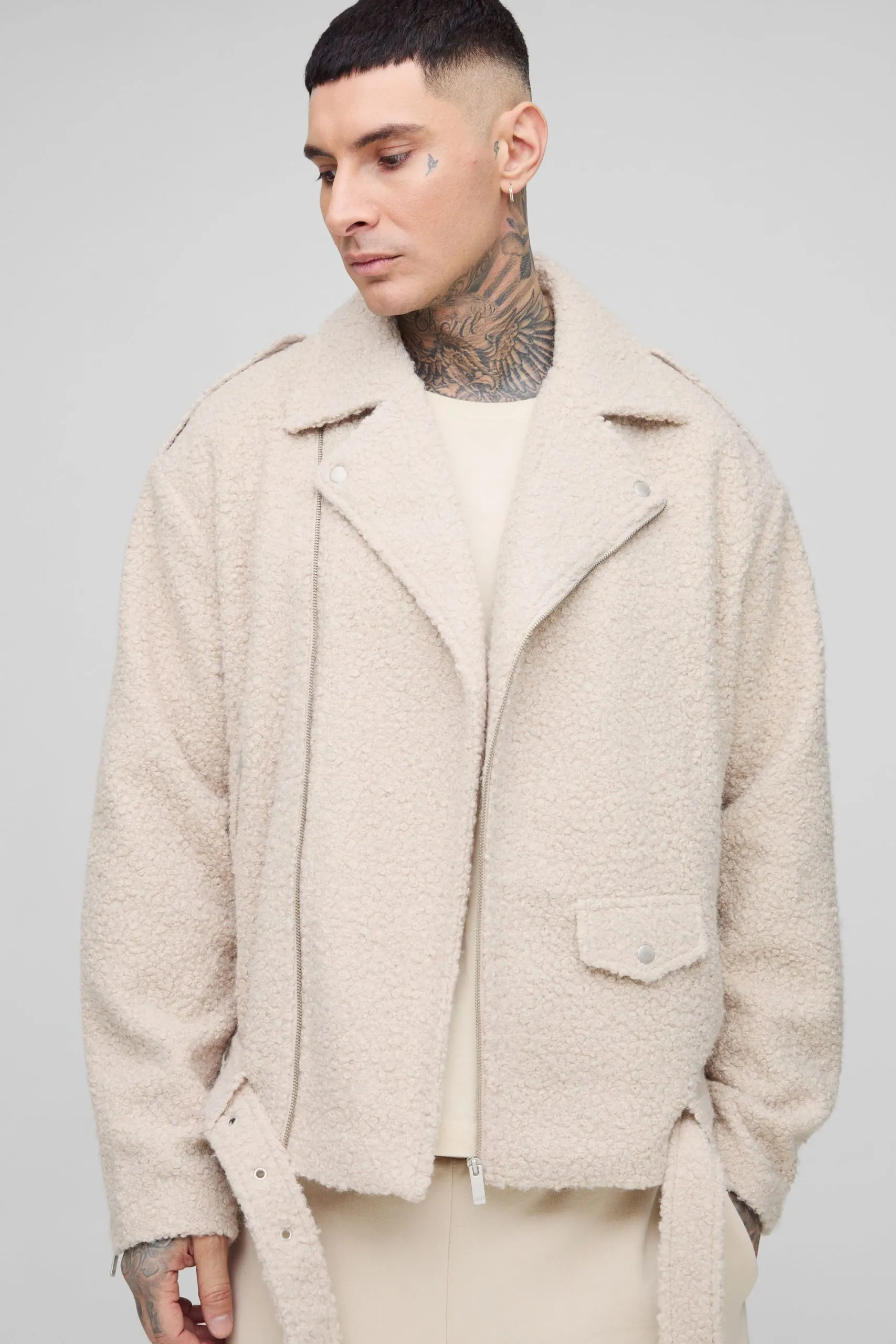Tall Oversized Boucle Biker Jacket