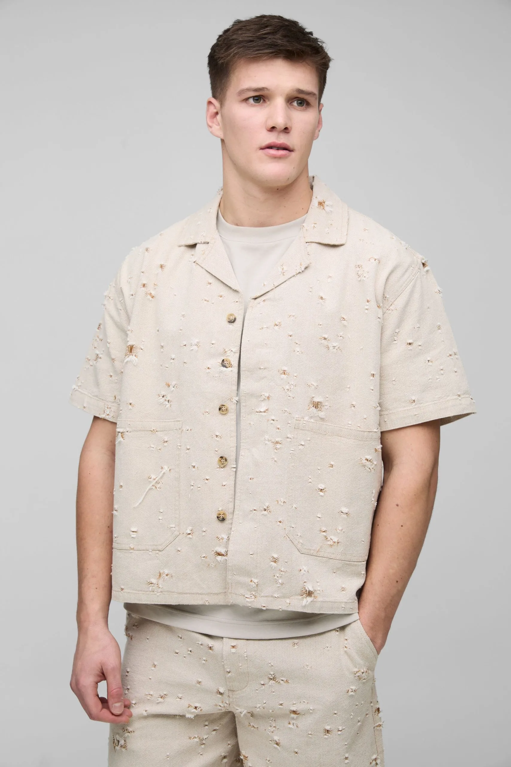 Tall Nibbled Denim Boxy Oversized Revere Shirt