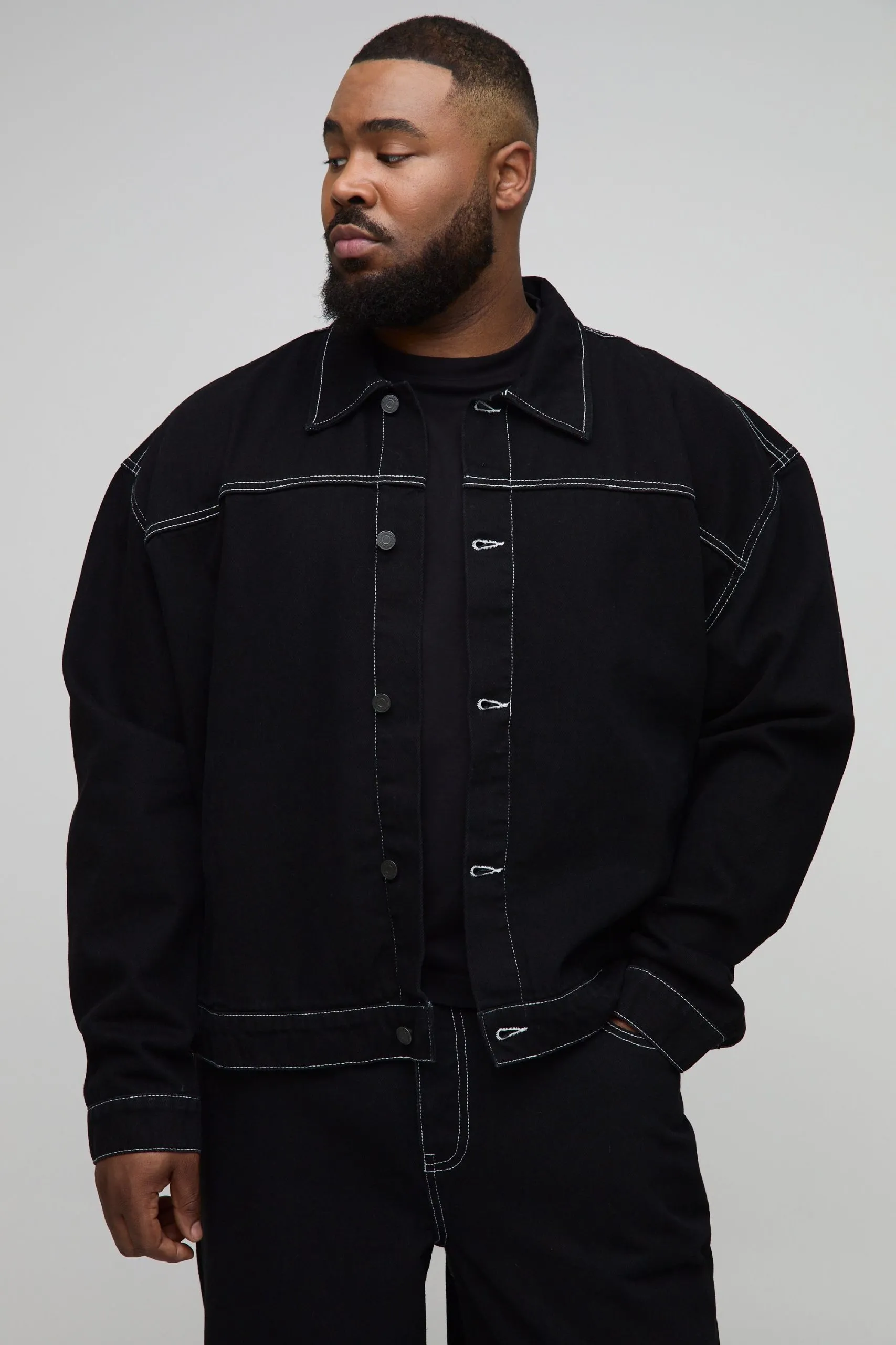 Plus Boxy Oversized Contrast Stitch Denim Jacket