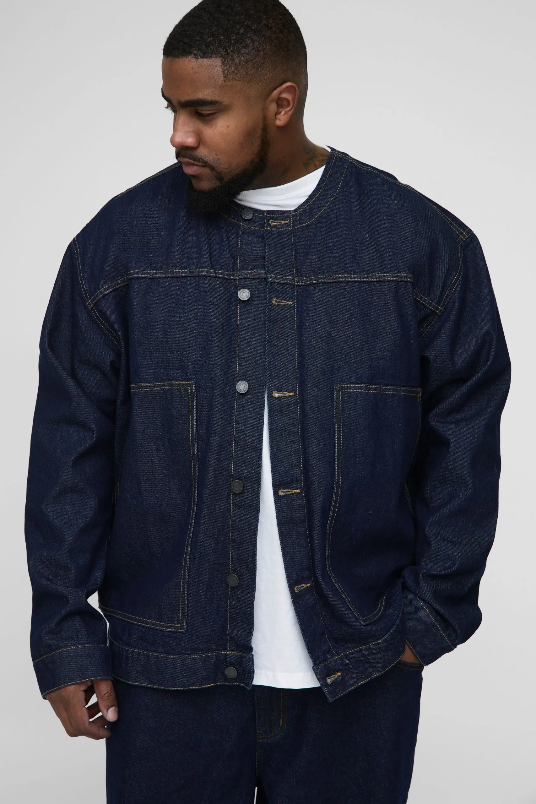 Plus Contrast Stitch Oversized Collarless Denim Jacket