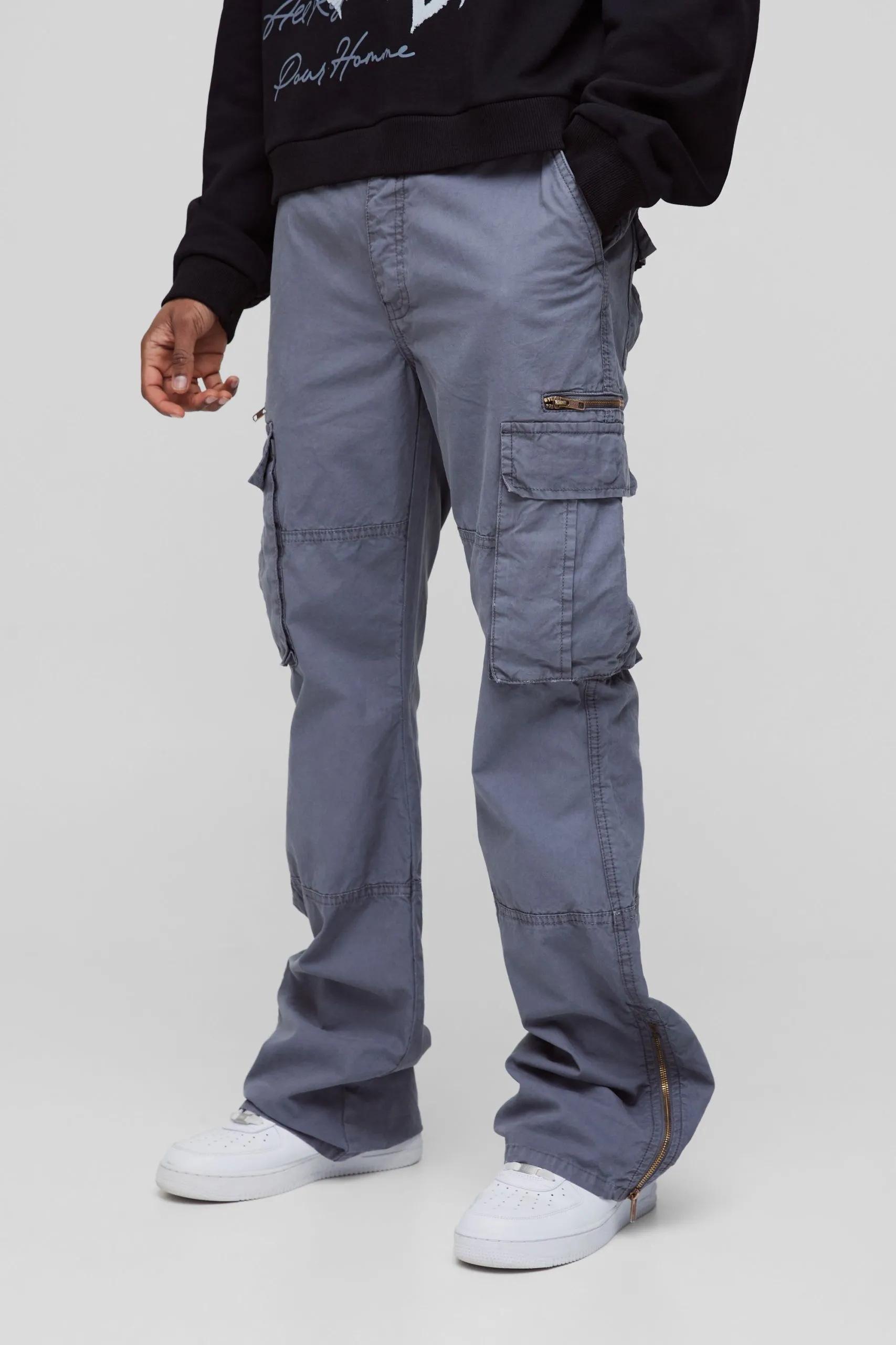 Tall Slim Flare Zip Gusset Overdye Acid Wash Cargo Trousers