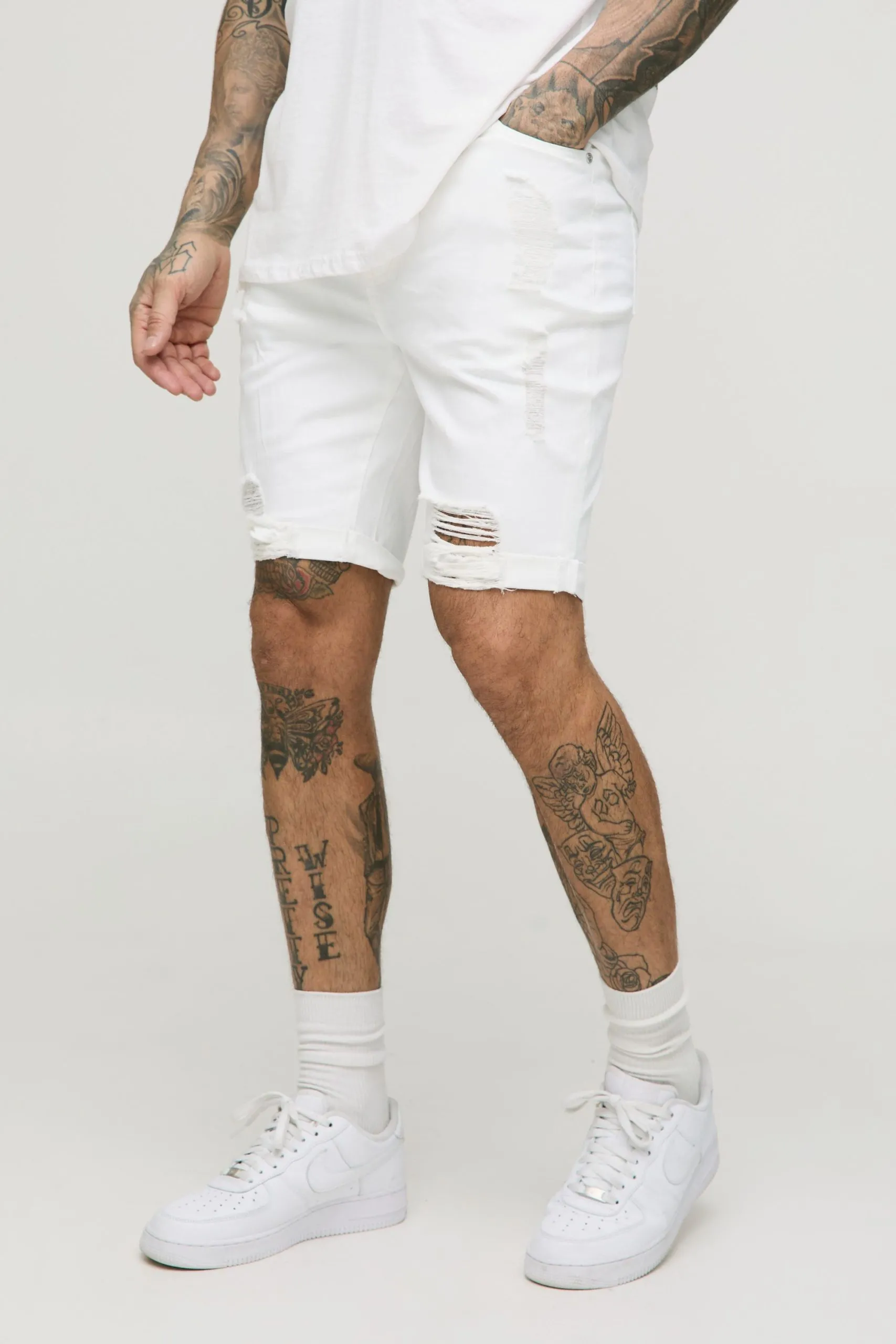 Tall Skinny Stretch Ripped Denim Shorts