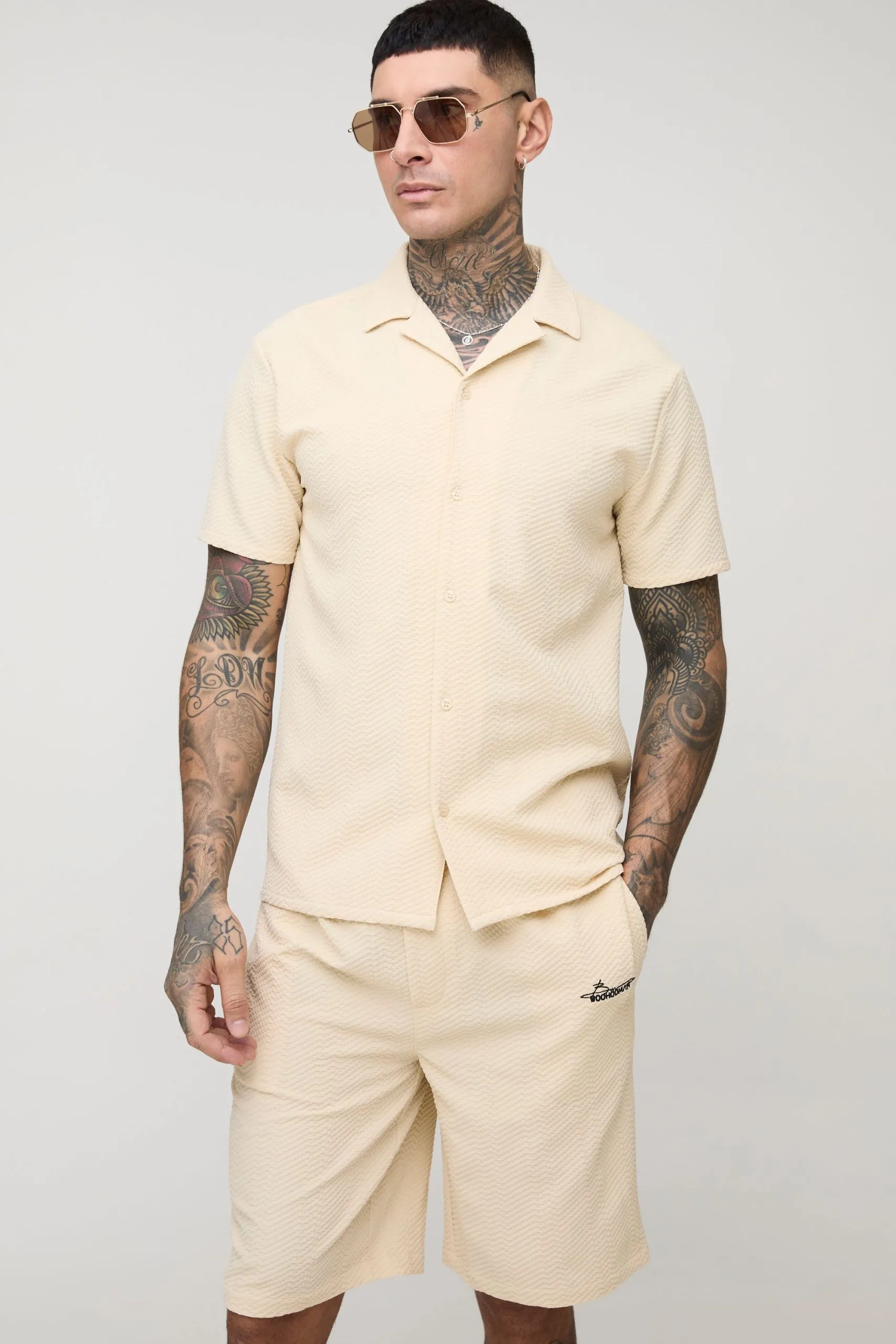 Tall Regular Fit Popcorn Revere Embroidered Shirt and Relaxed Short Set