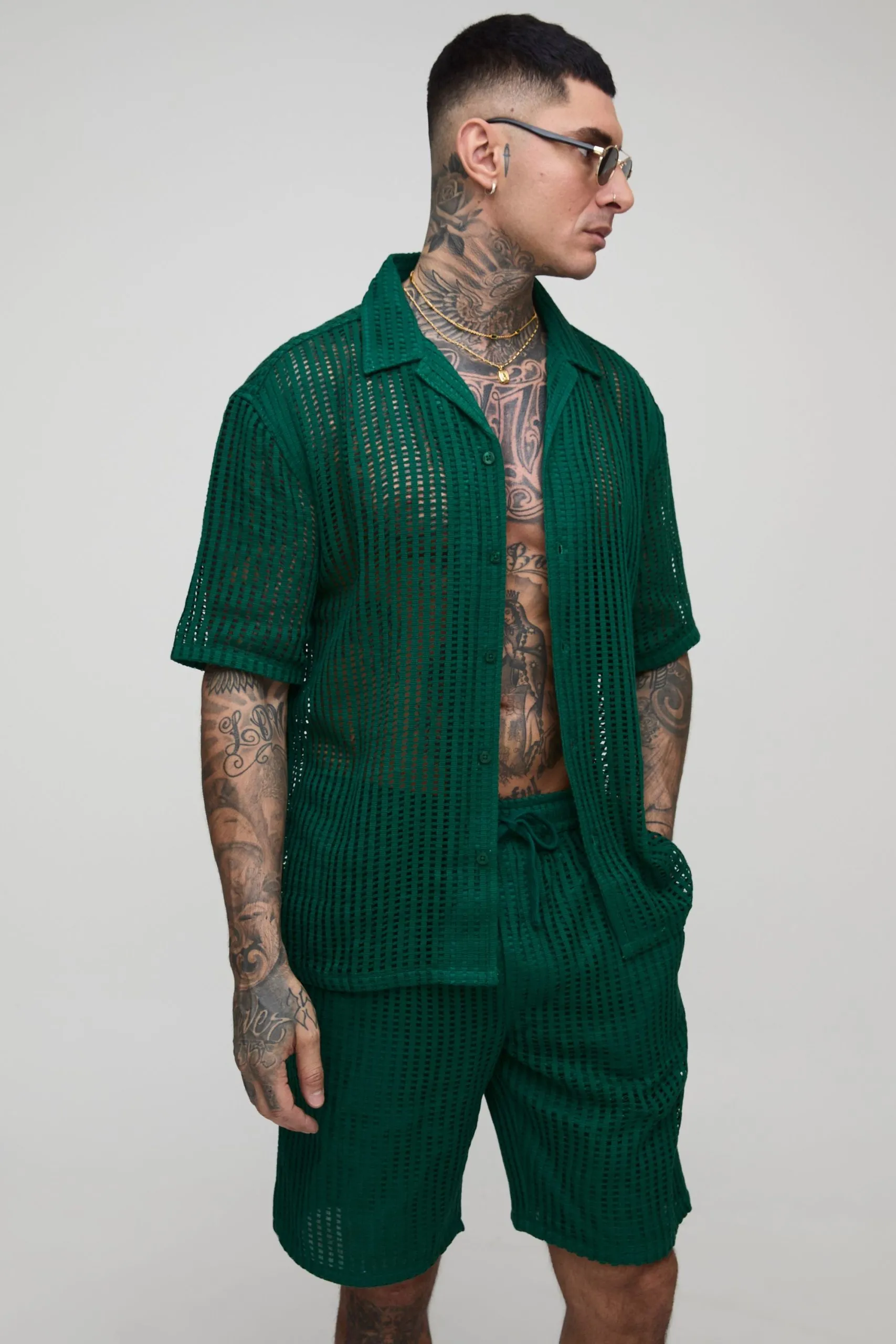Tall Oversized Dropped Revere Crochet Shirt & Short Set