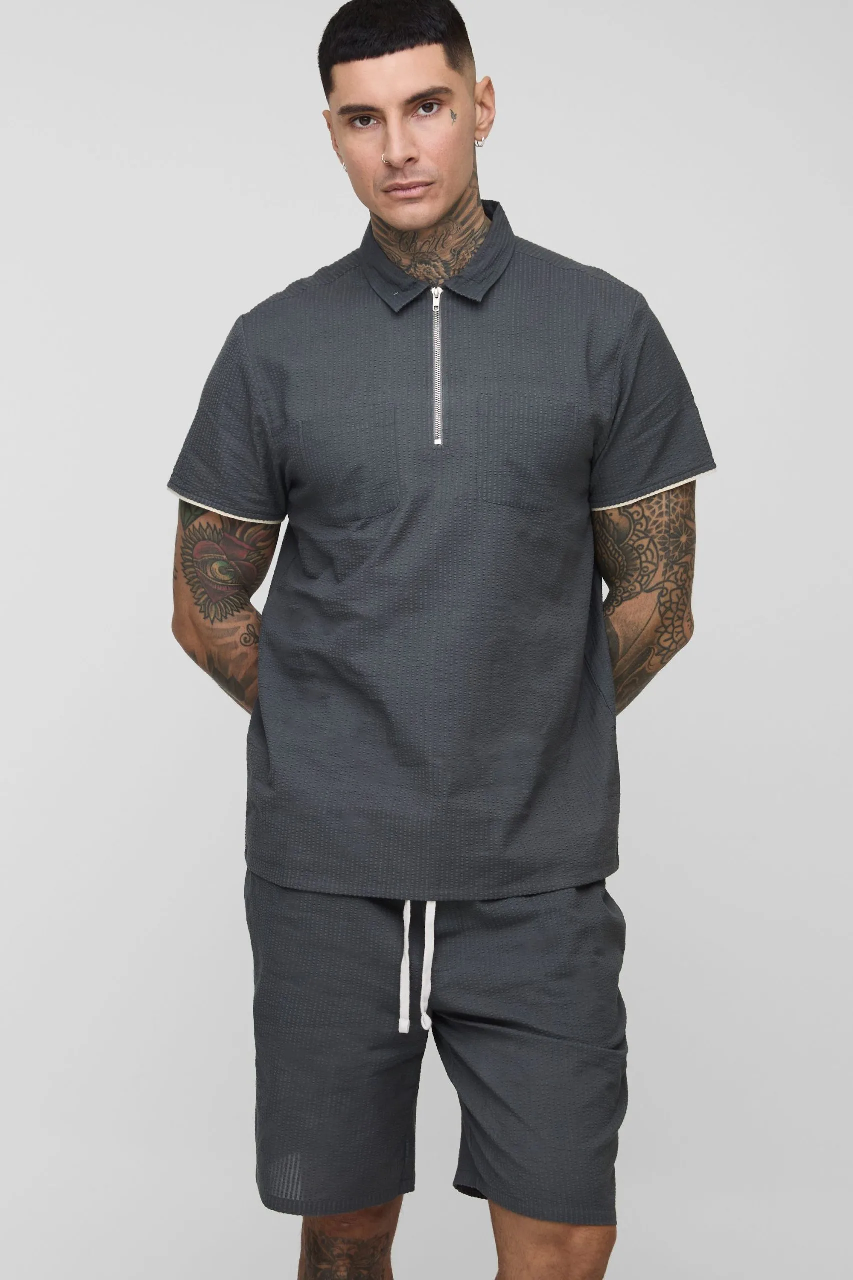 Tall Regular Fit Seersucker Contrast Edge Polo & Short Set
