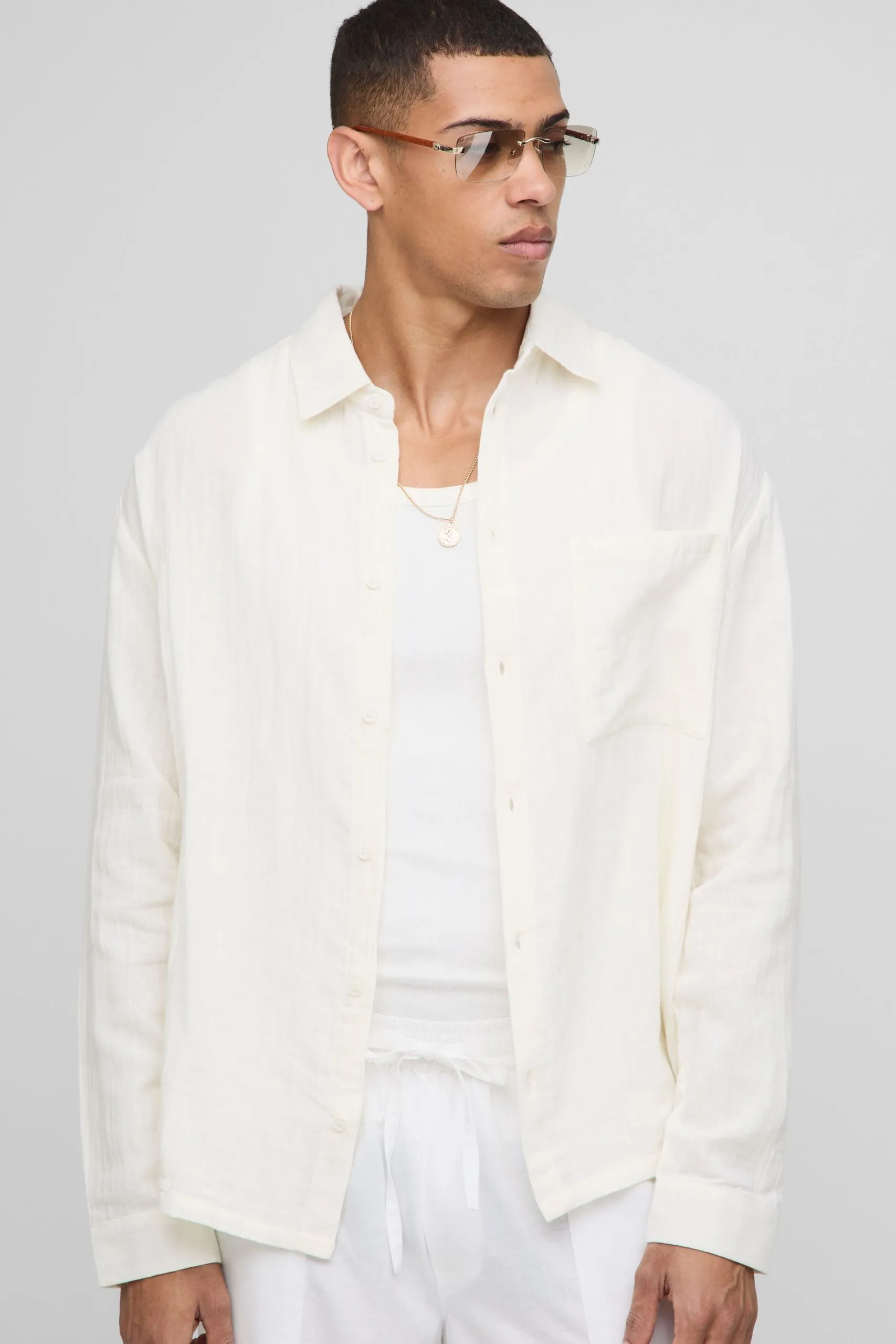 Oversized Collared Cheesecloth Long Sleeve Shirt