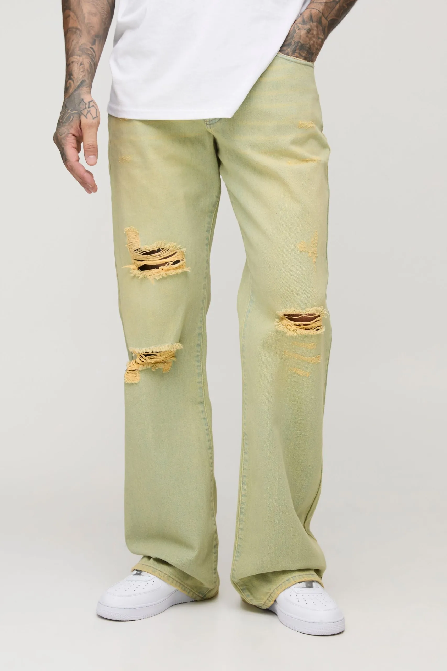 Tall Relaxed Rigid Flare Stacked Knee Rip Denim Jeans