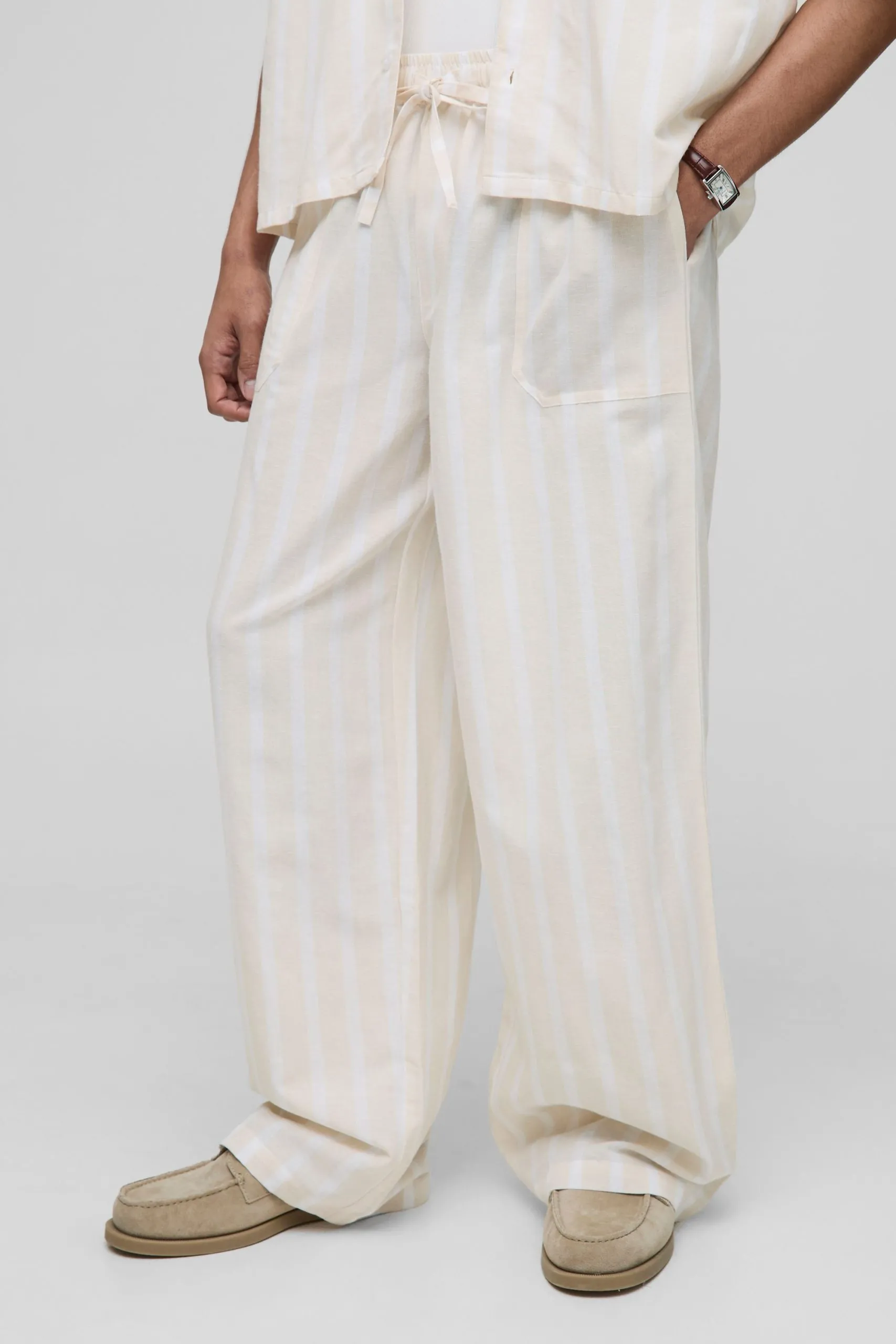 Baggy Fit Linen Look Stripe Elasticated Waist Trouser