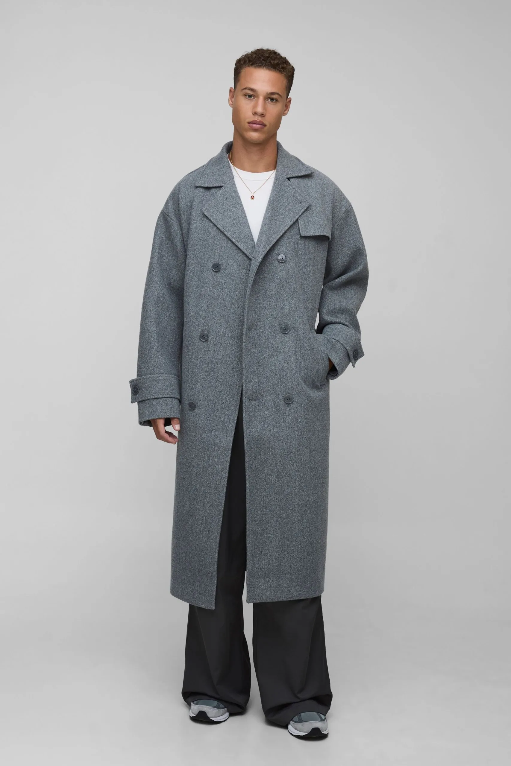 Tall Oversized Double Breasted Trench Overcoat In Stone