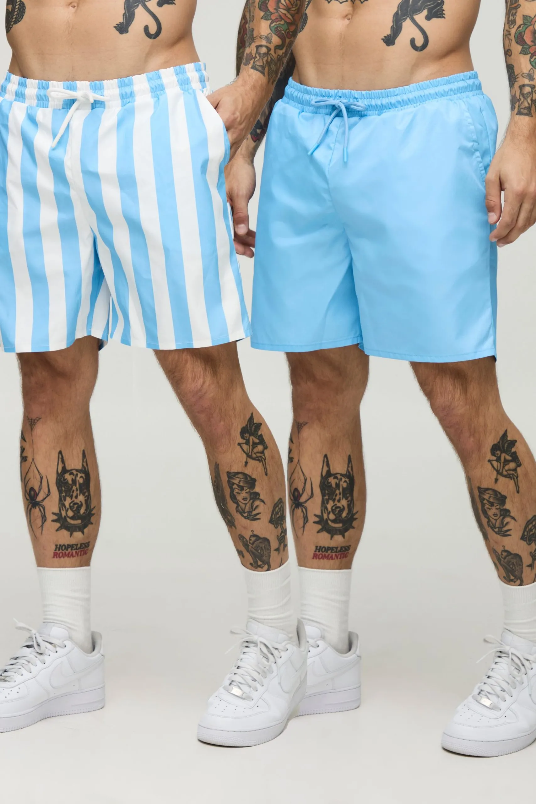 2 Pack Wide Stripe and Plain Mid Length Swim Short