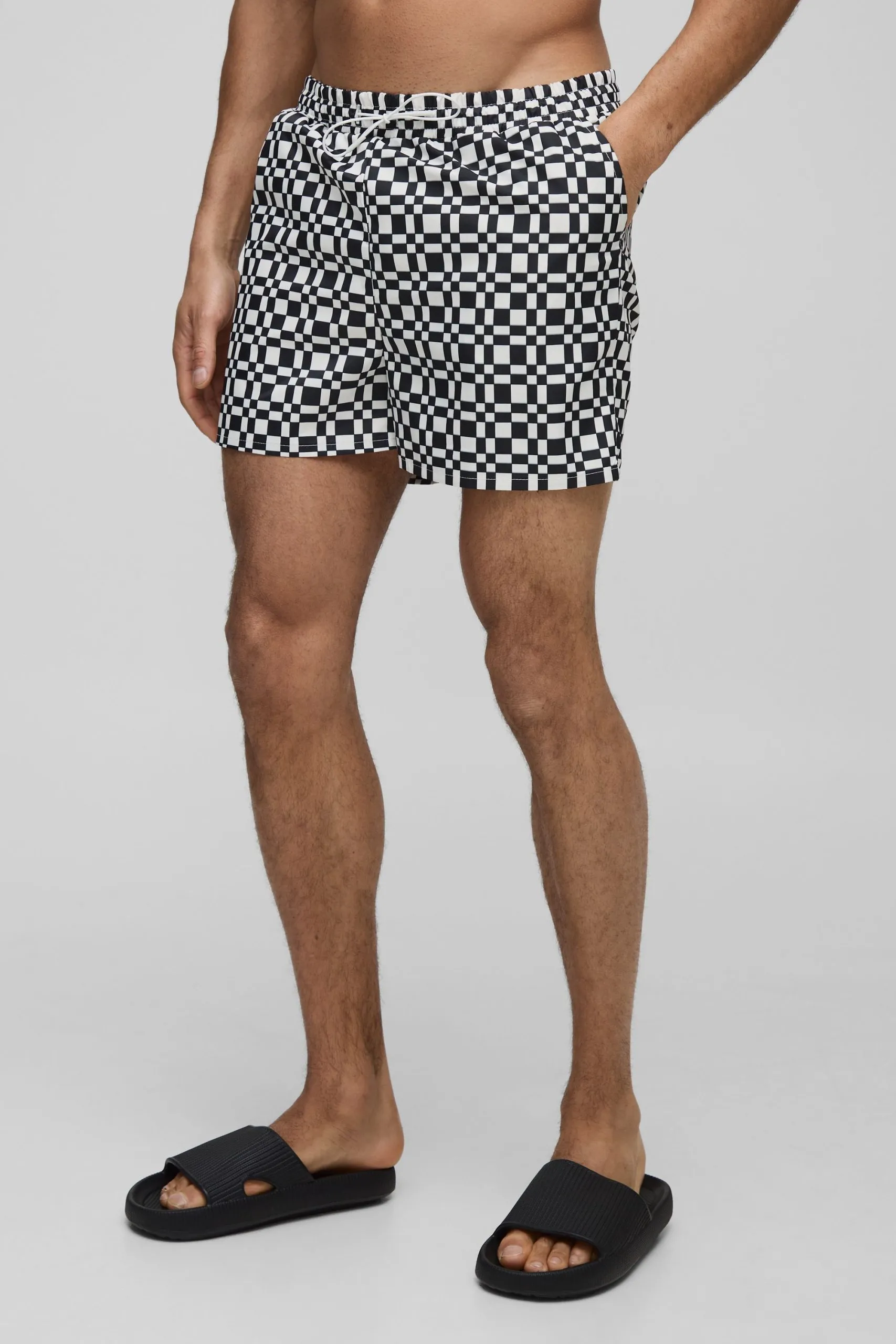 Abstract Check Print Short Length Swim Short